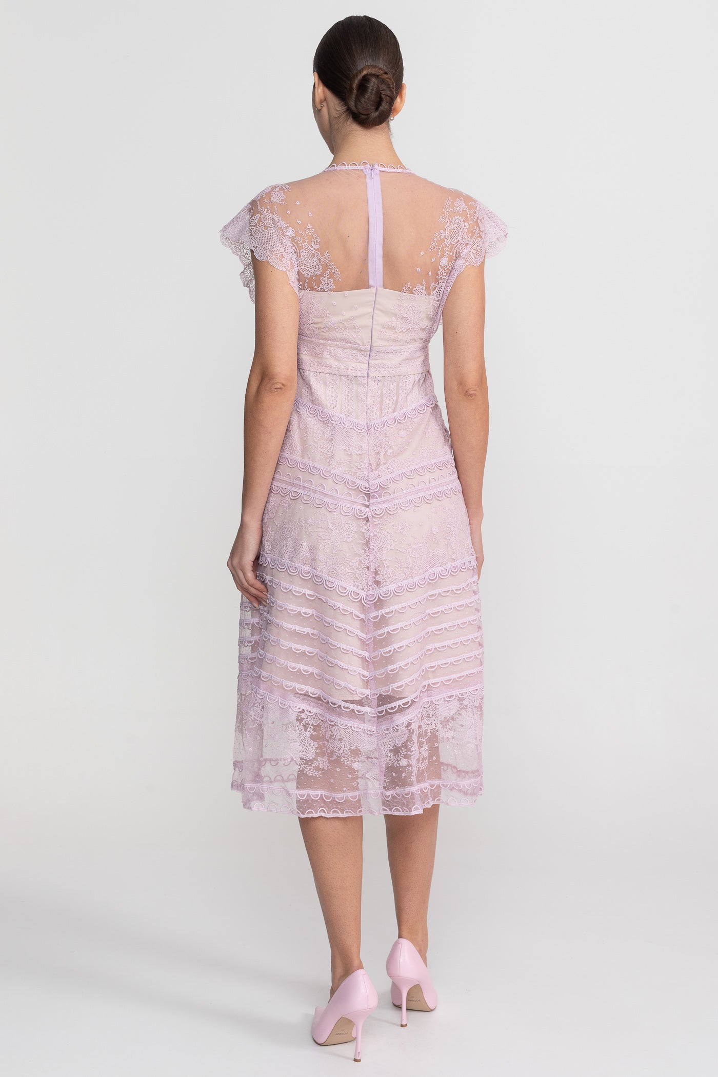 Lace Cap Sleeve Midi Dress With Scalloped Trims And Pearl Button Detail - Lilac - ICYBOO