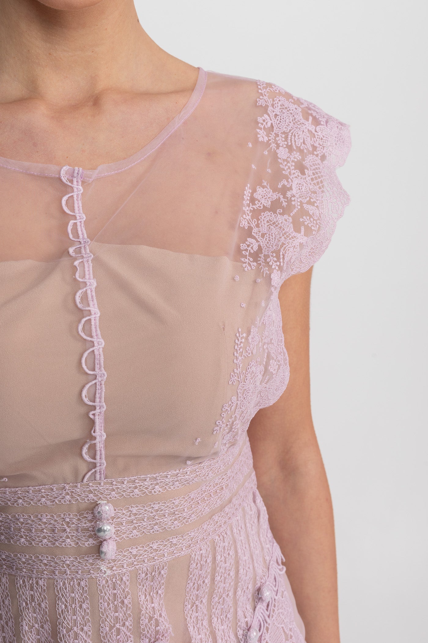 Cap Sleeve Mini Dress With Sheer Yoke And Pearl Button Detail - Lilac - ICYBOO