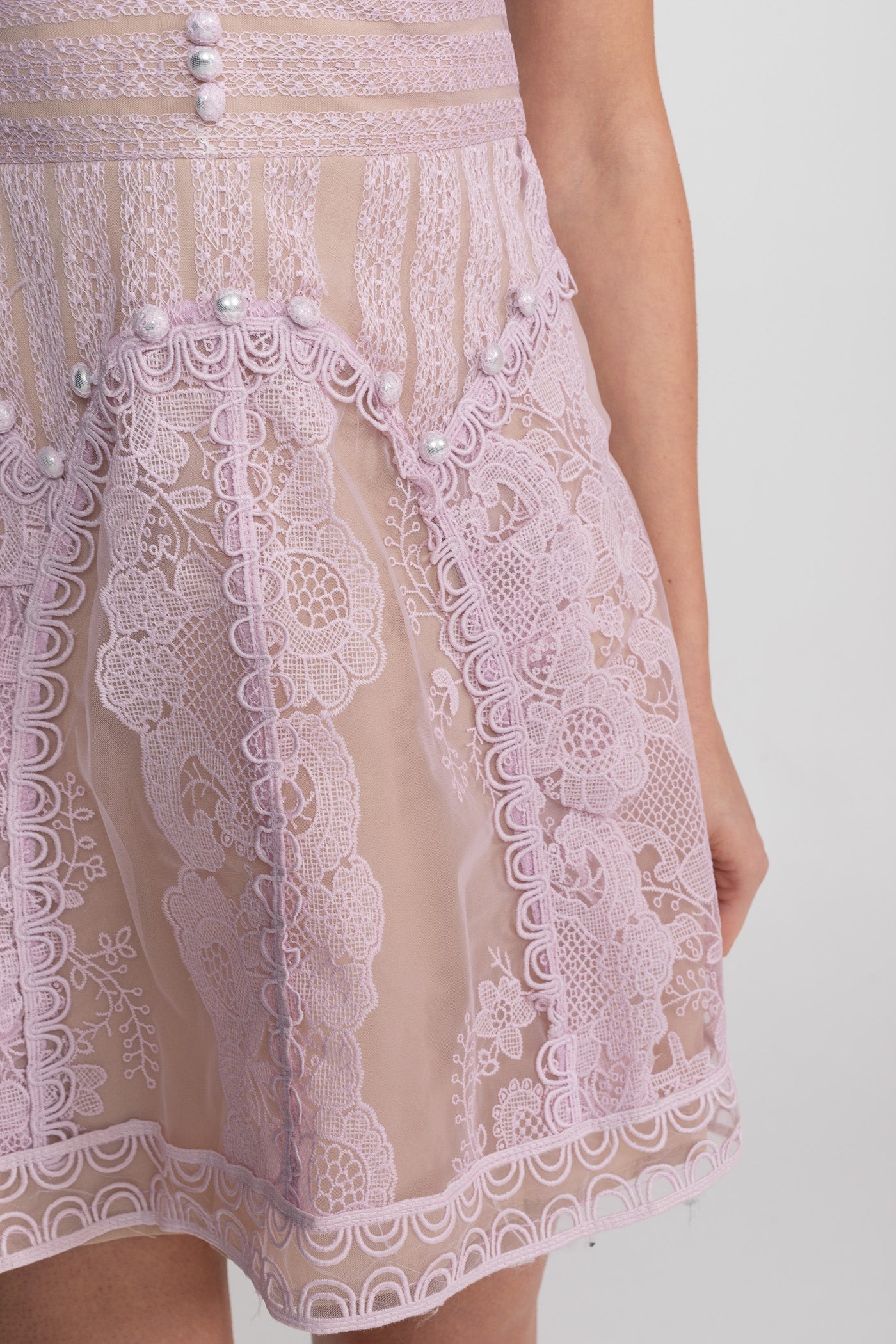 Cap Sleeve Mini Dress With Sheer Yoke And Pearl Button Detail - Lilac - ICYBOO