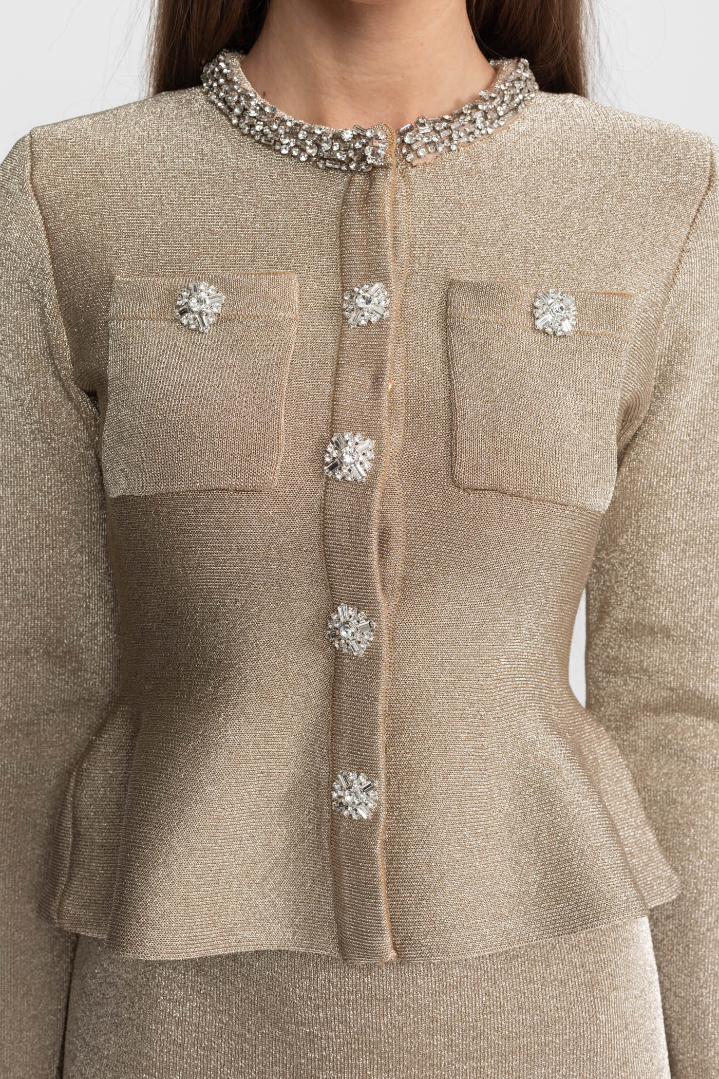 Shimmer Knit Dress with Crystal Button Accents – Champagne - ICYBOO