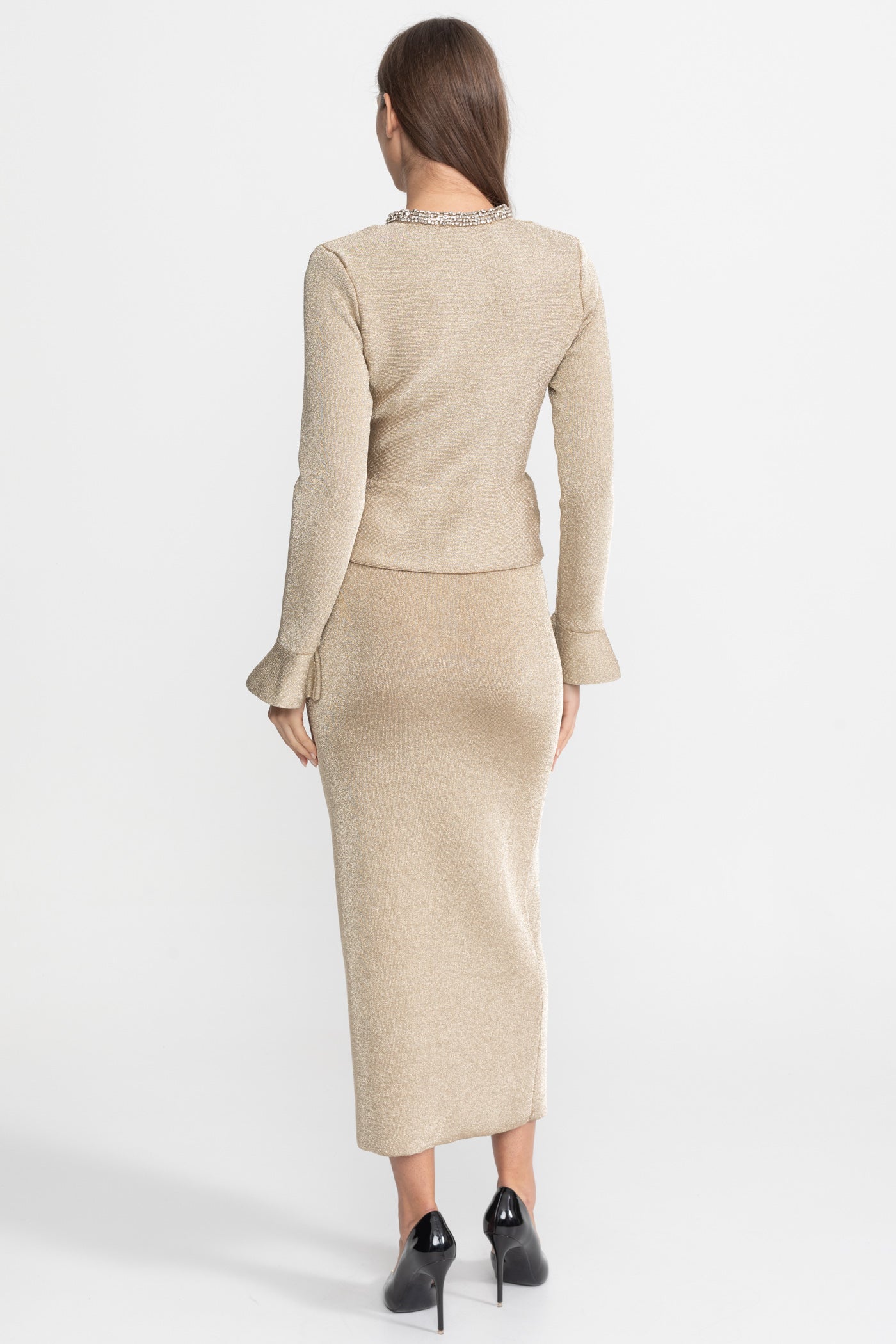 Shimmer Knit Dress with Crystal Button Accents – Champagne - ICYBOO