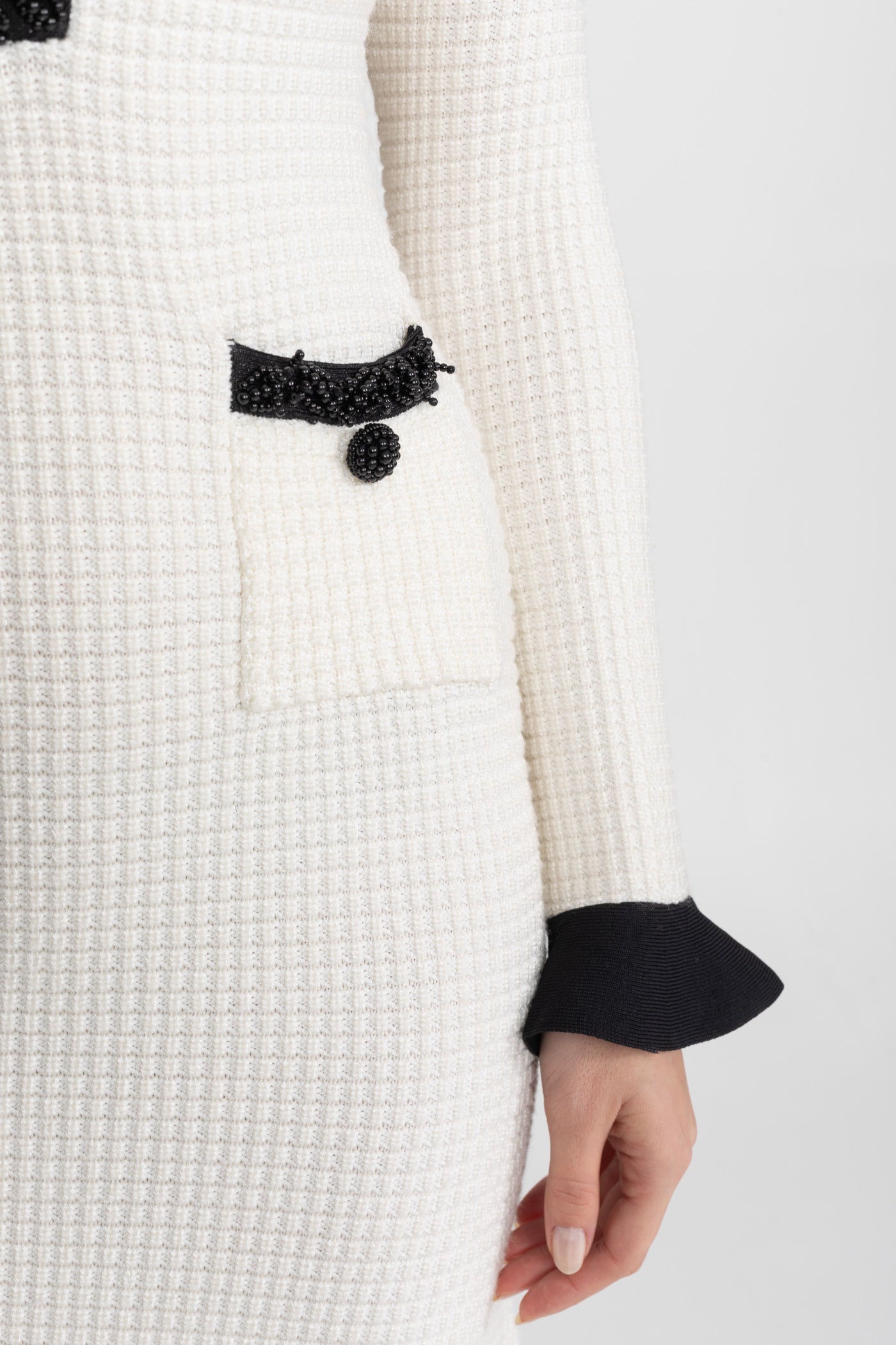Textured Midi Dress with Contrast Embroidered Trim – Ivoire - ICYBOO