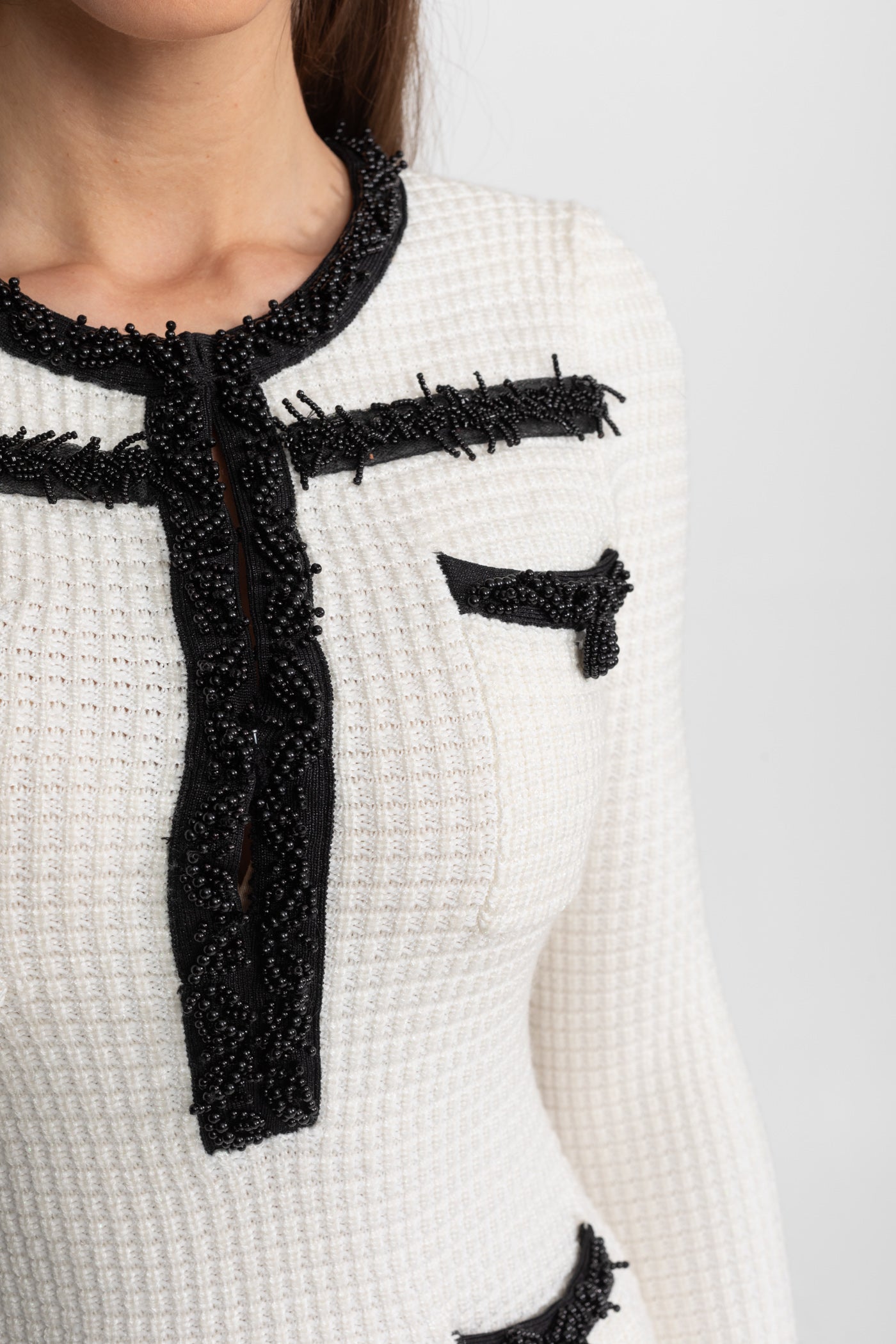 Textured Midi Dress with Contrast Embroidered Trim – Ivoire - ICYBOO