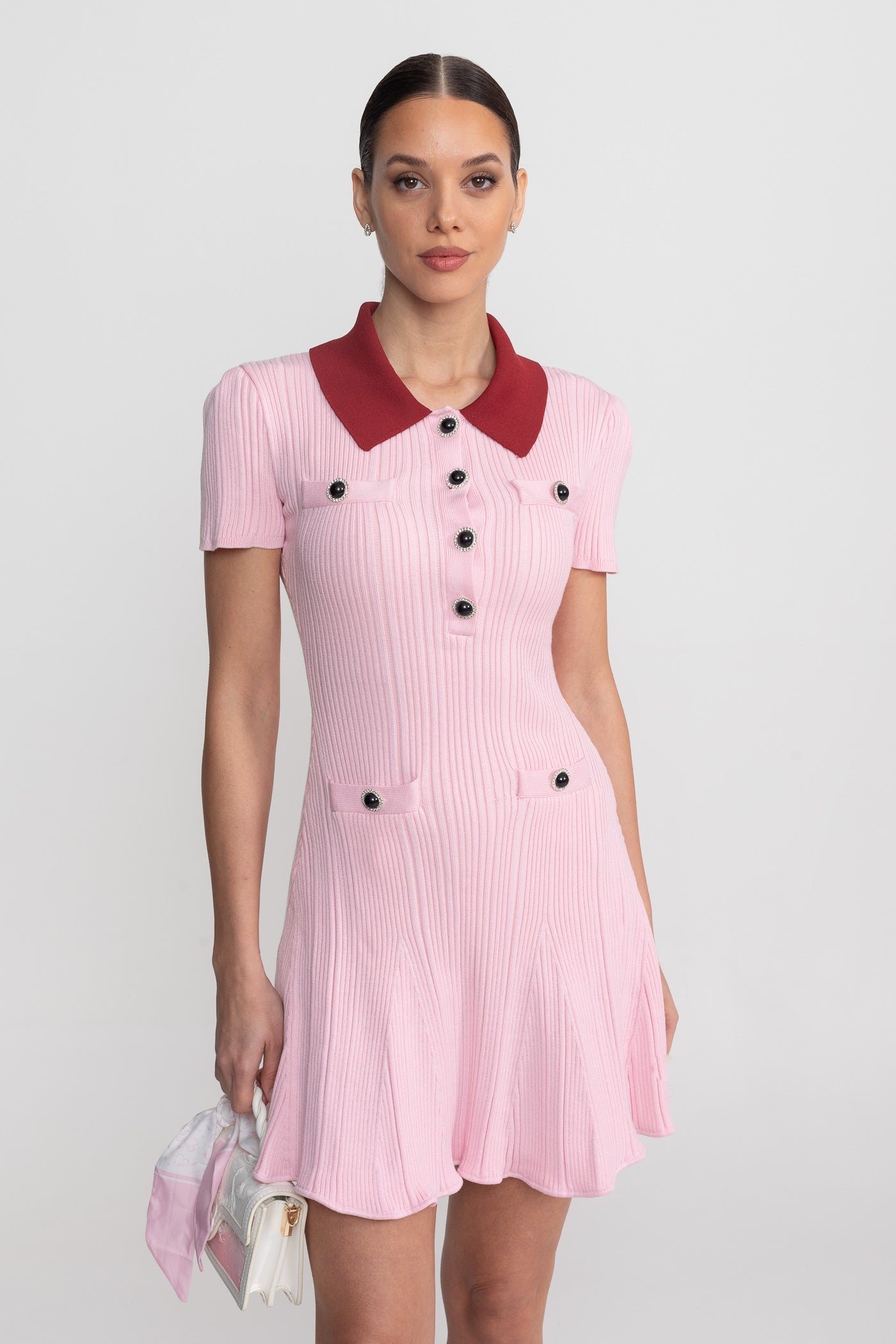 Ribbed Short Sleeve Mini Dress With Contrast Collar And Button Front Detail - Blush Pink - ICYBOO