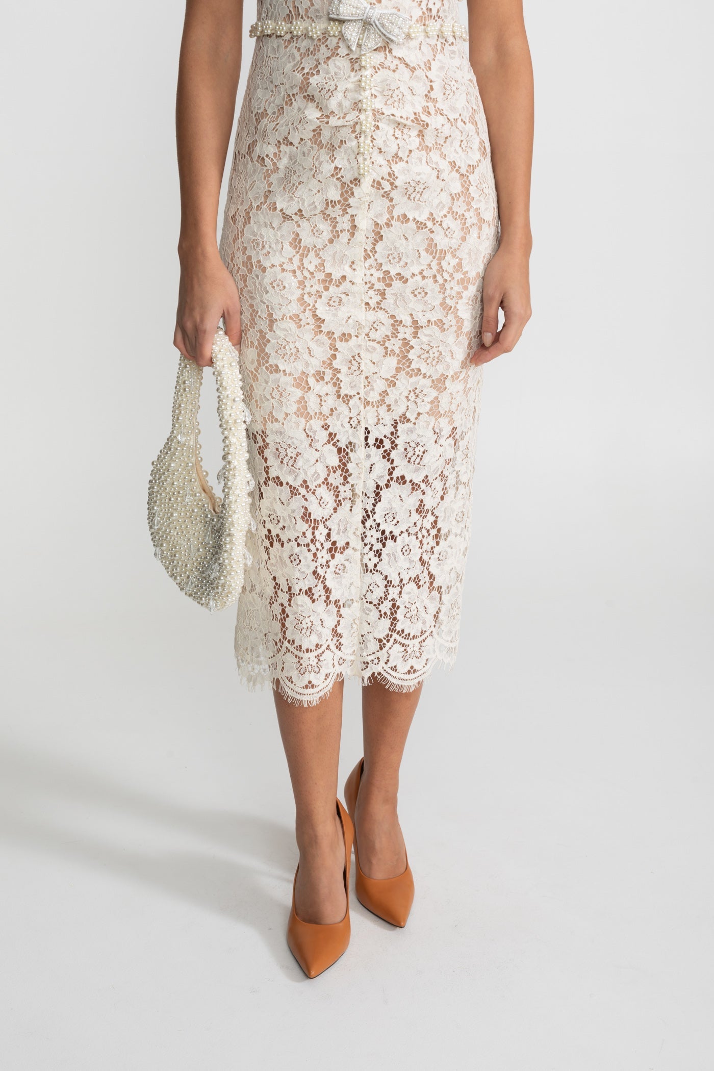 Embellished Lace Midi Dress With Bow Detailing – Ivoire - ICYBOO