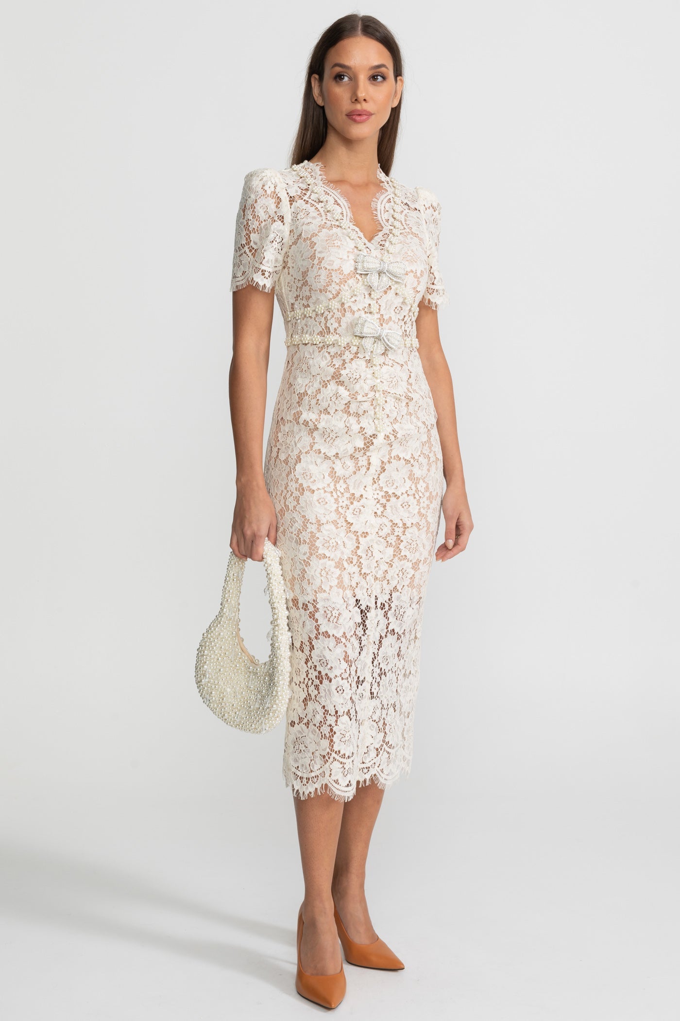 Embellished Lace Midi Dress With Bow Detailing – Ivoire - ICYBOO