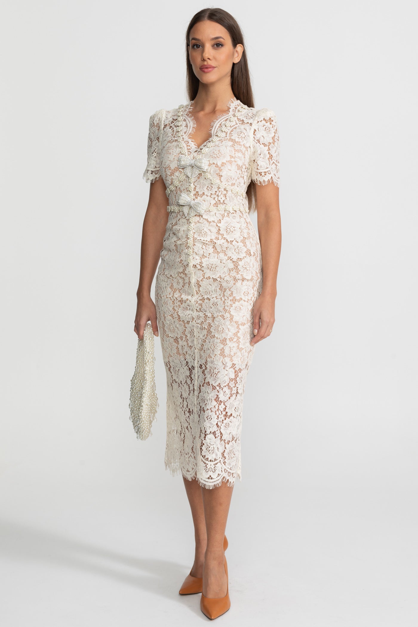Embellished Lace Midi Dress With Bow Detailing – Ivoire - ICYBOO