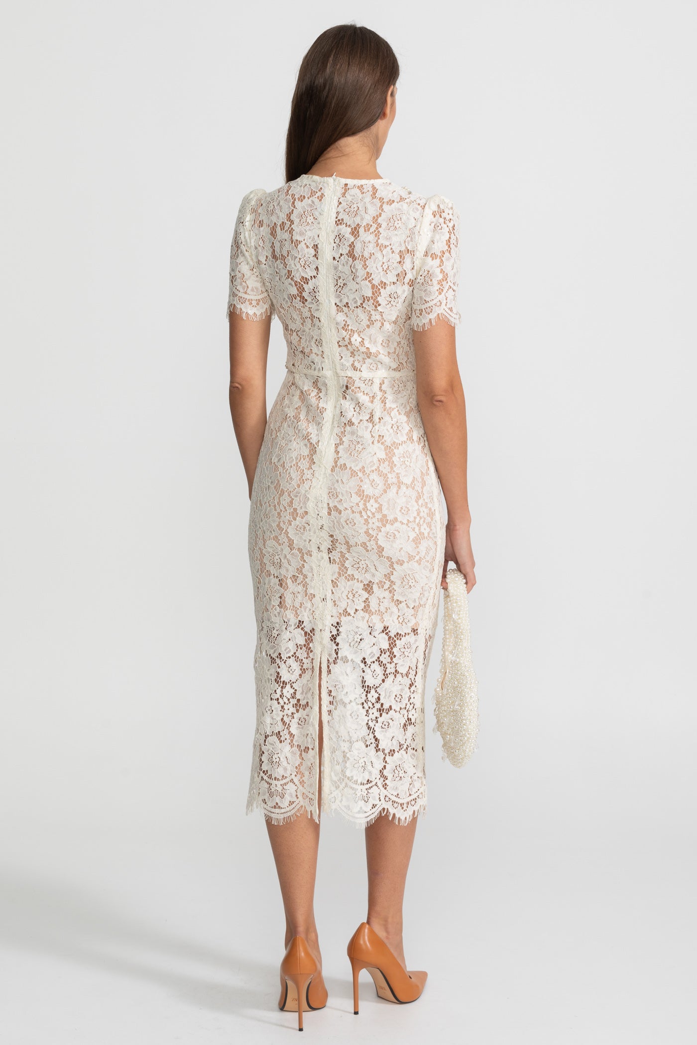 Embellished Lace Midi Dress With Bow Detailing – Ivoire - ICYBOO