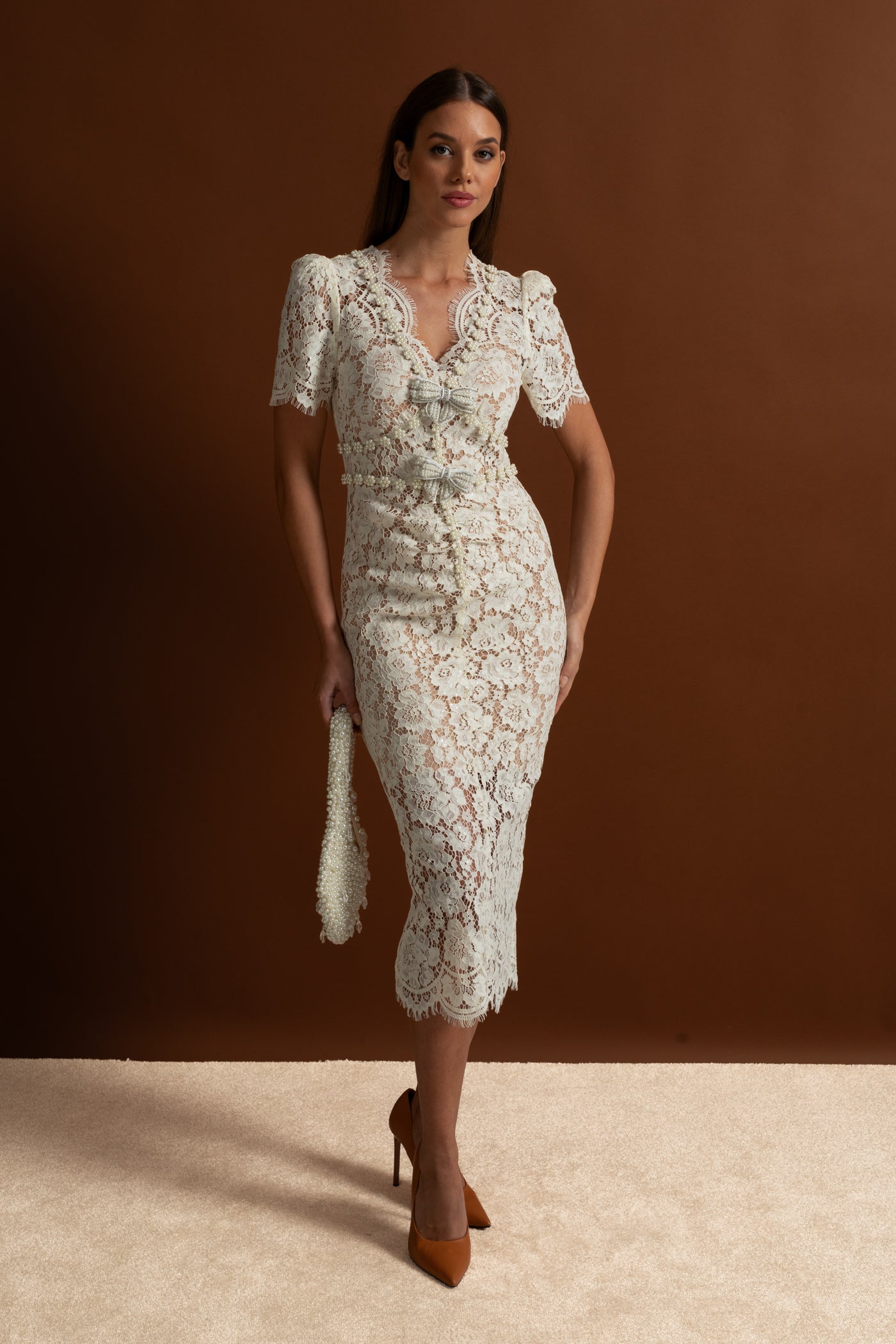 Embellished Lace Midi Dress With Bow Detailing – Ivoire - ICYBOO