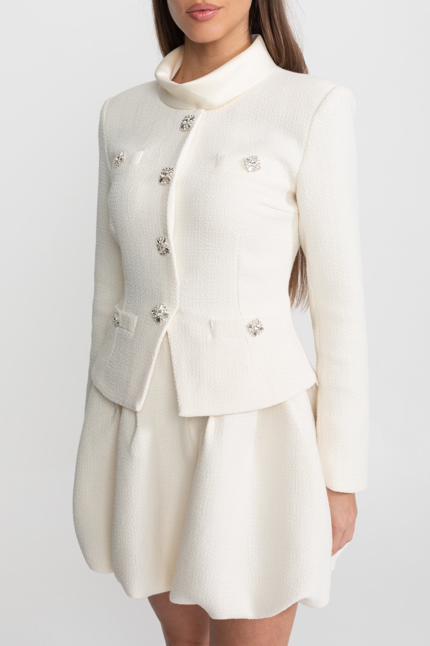 Textured Mini Dress with Crystal Button Embellishments – Ivoire - ICYBOO