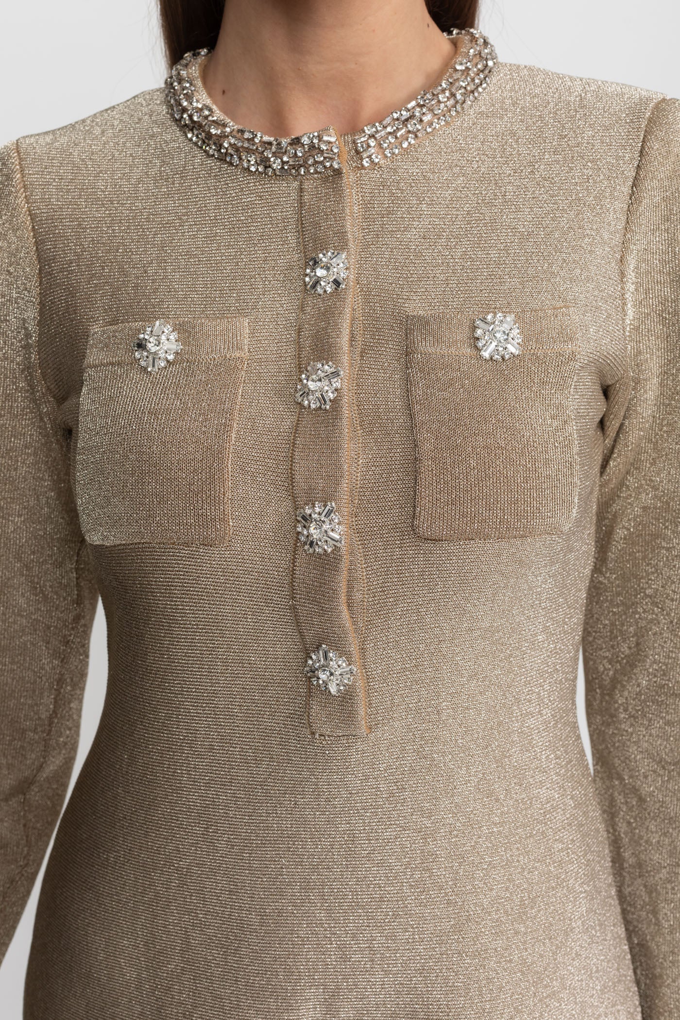 Shimmer Mini Dress with Crystal Button Embellishments – Champagne - ICYBOO