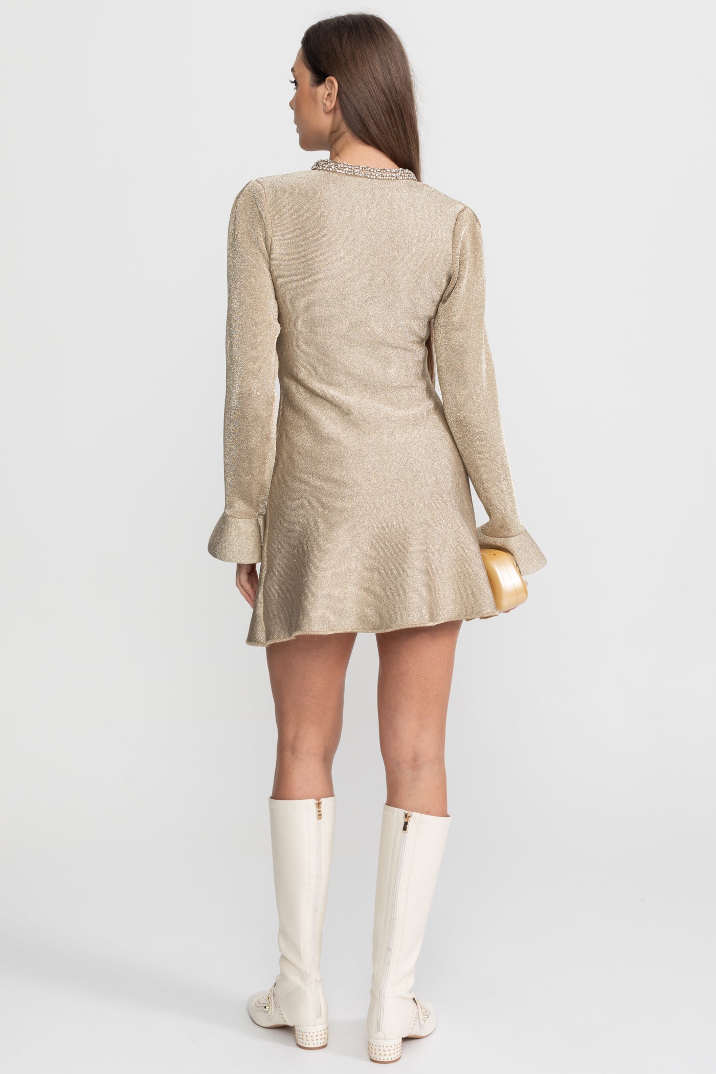 Shimmer Mini Dress with Crystal Button Embellishments – Champagne - ICYBOO