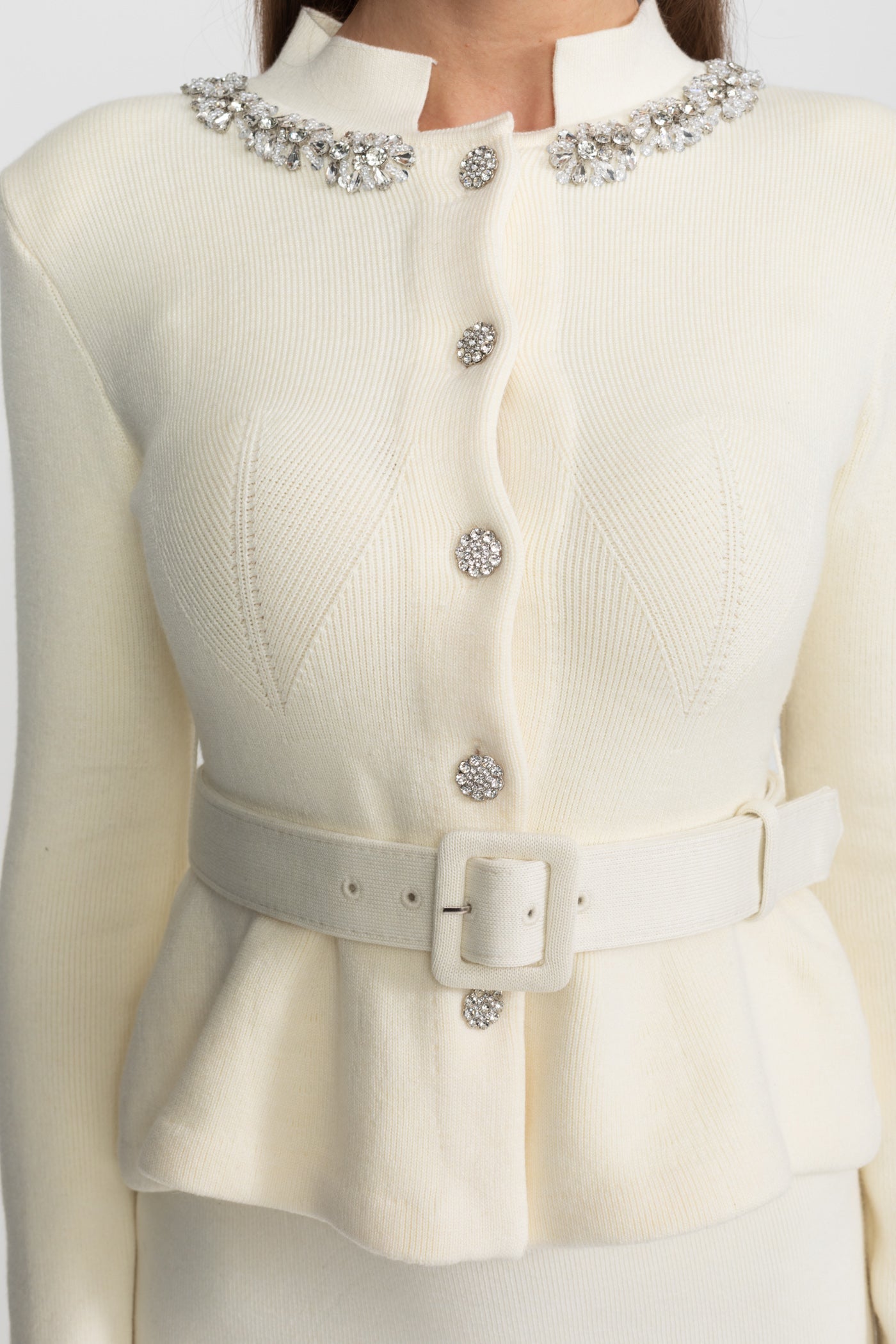 Midi Dress with Peplum Waist and Crystal Collar – Ivoire - ICYBOO