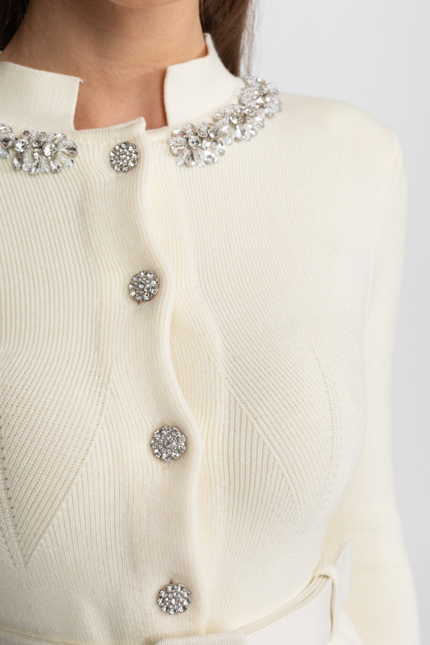 Midi Dress with Peplum Waist and Crystal Collar – Ivoire - ICYBOO