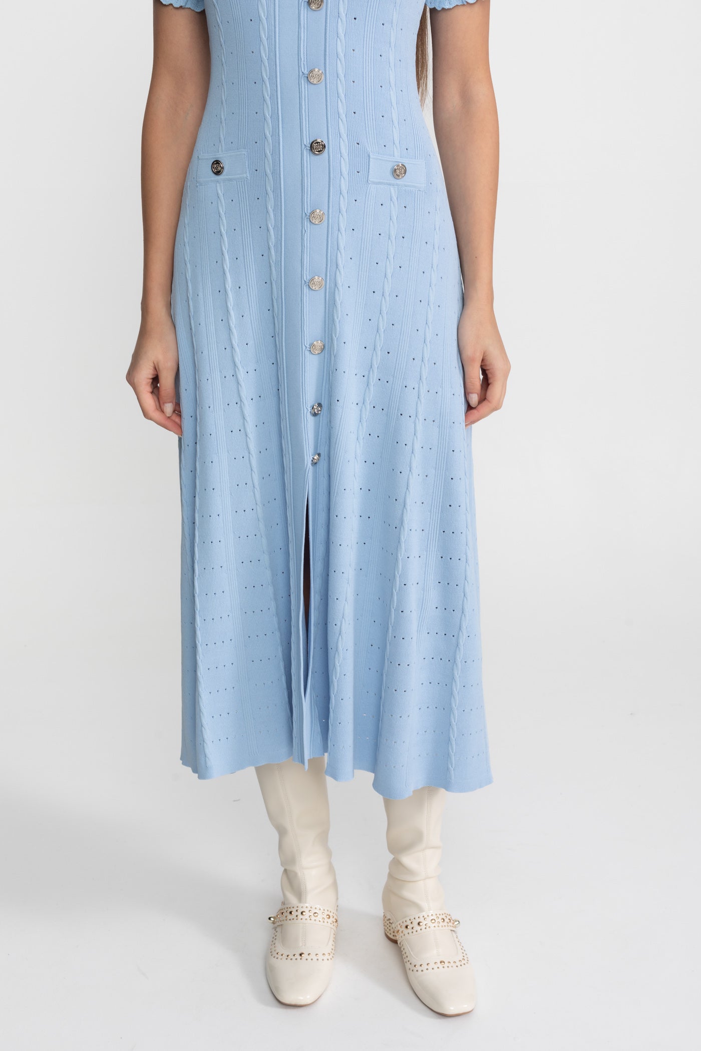 Knit Button-Front Midi Dress with Scalloped Sleeves – Baby Blue - ICYBOO