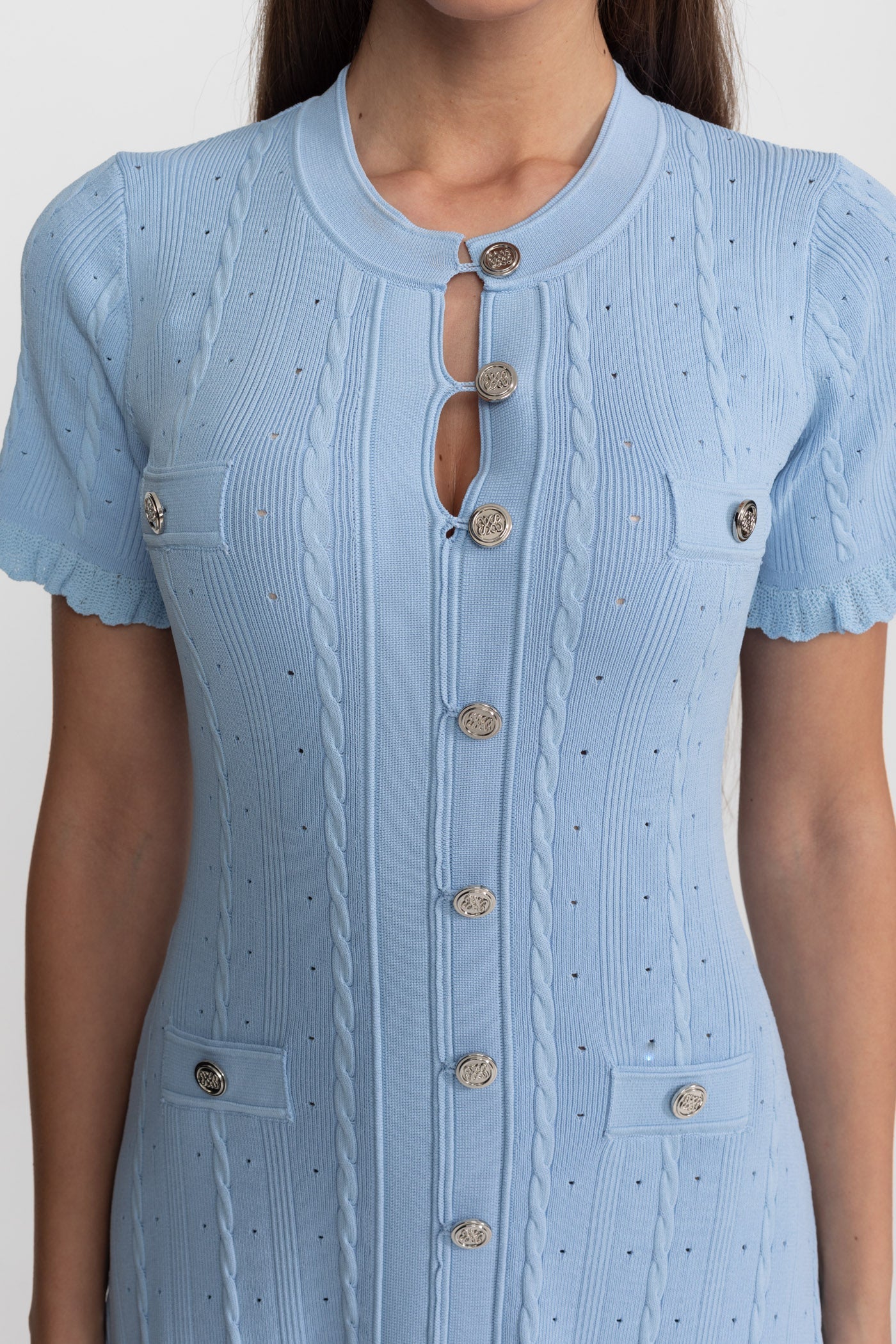 Knit Button-Front Midi Dress with Scalloped Sleeves – Baby Blue - ICYBOO