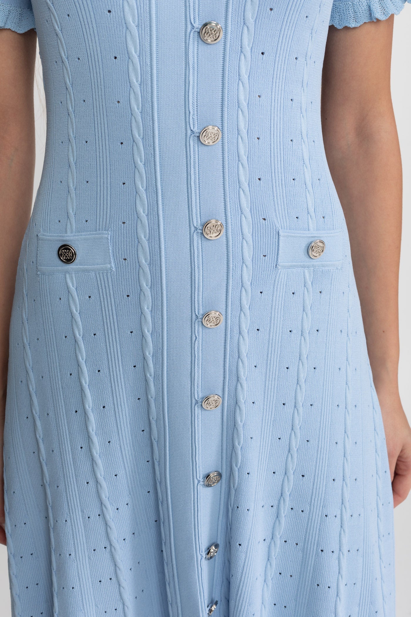Knit Button-Front Midi Dress with Scalloped Sleeves – Baby Blue - ICYBOO