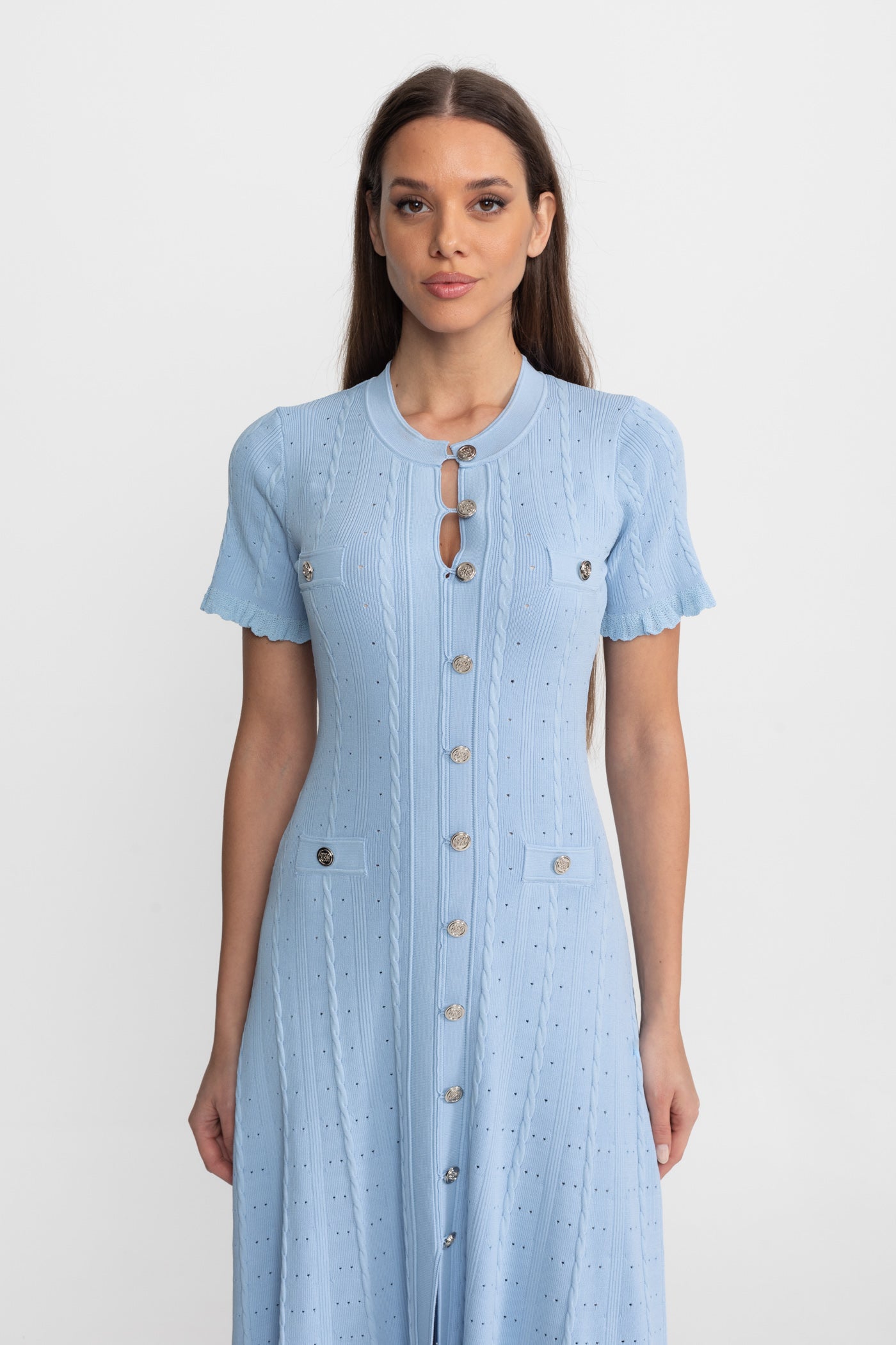 Knit Button-Front Midi Dress with Scalloped Sleeves – Baby Blue - ICYBOO