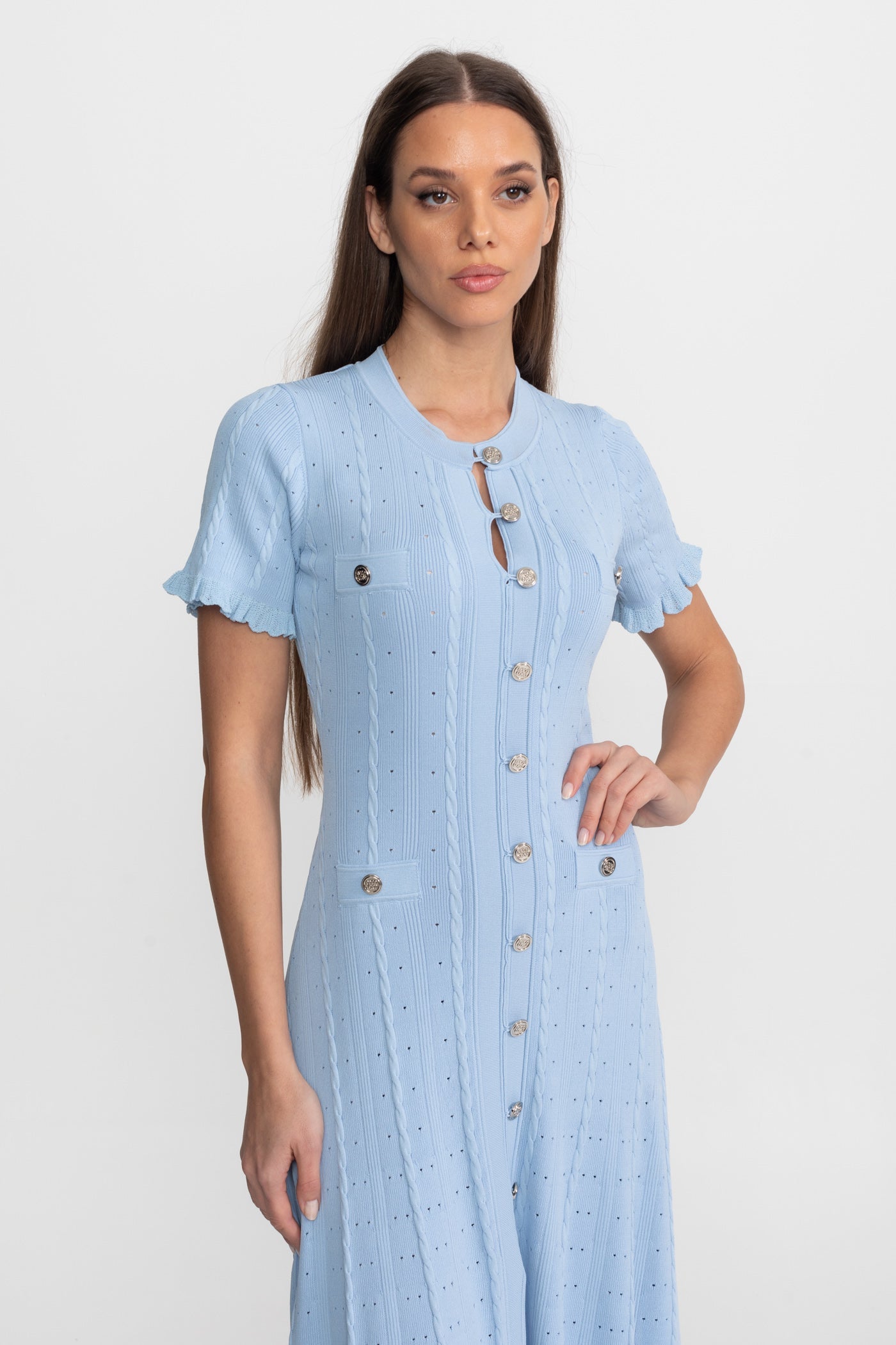 Knit Button-Front Midi Dress with Scalloped Sleeves – Baby Blue - ICYBOO