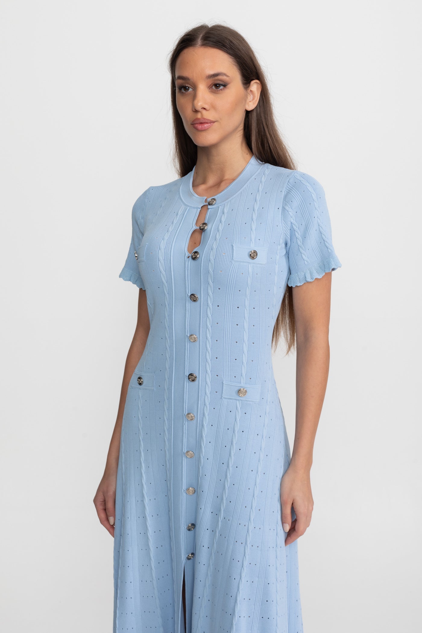 Knit Button-Front Midi Dress with Scalloped Sleeves – Baby Blue - ICYBOO