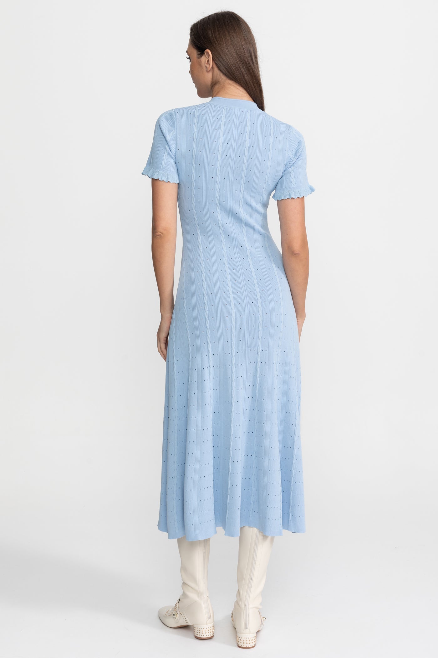 Knit Button-Front Midi Dress with Scalloped Sleeves – Baby Blue - ICYBOO