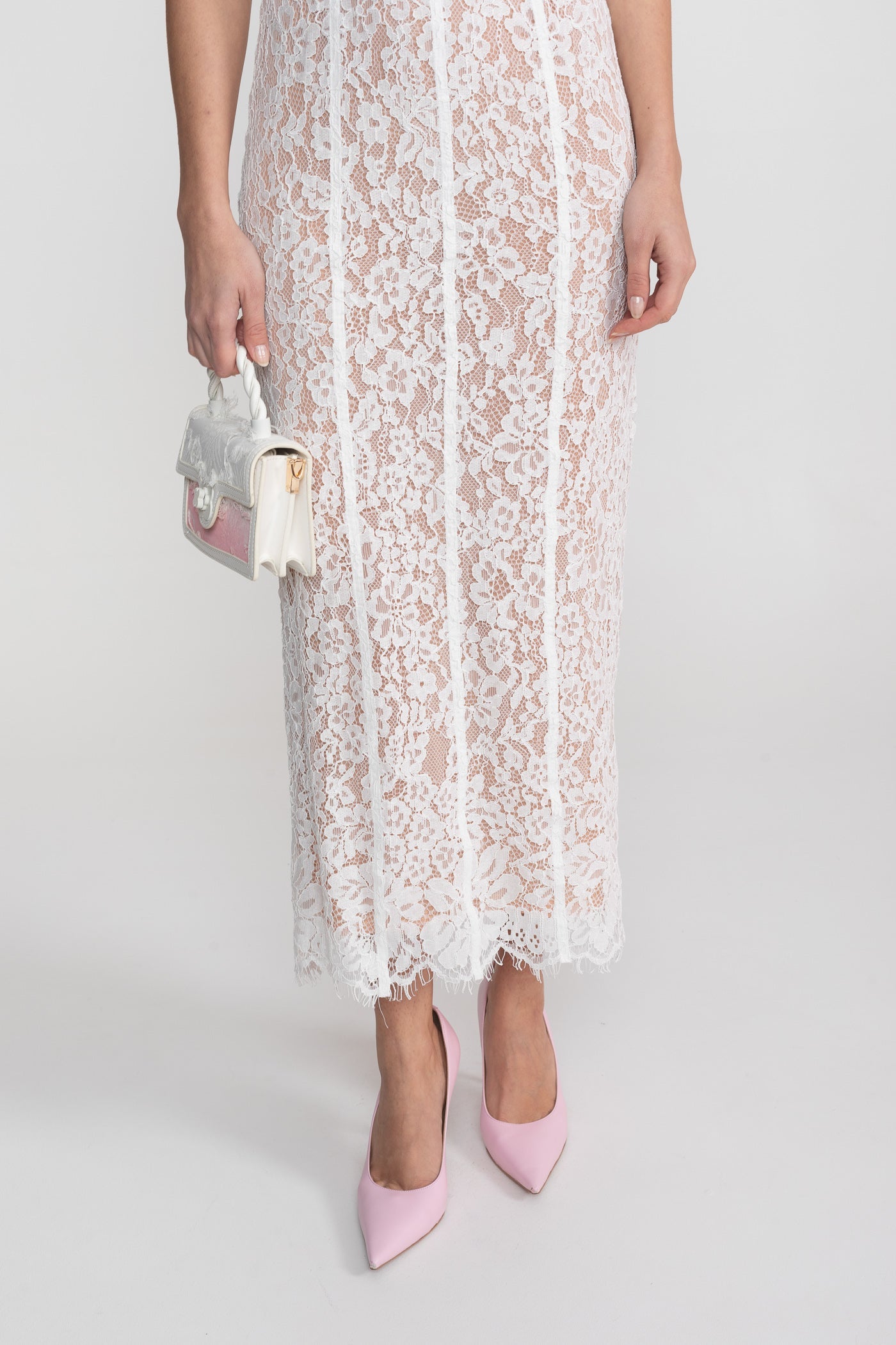 Lace Midi Dress With Sheer Corset Bodice - White - ICYBOO