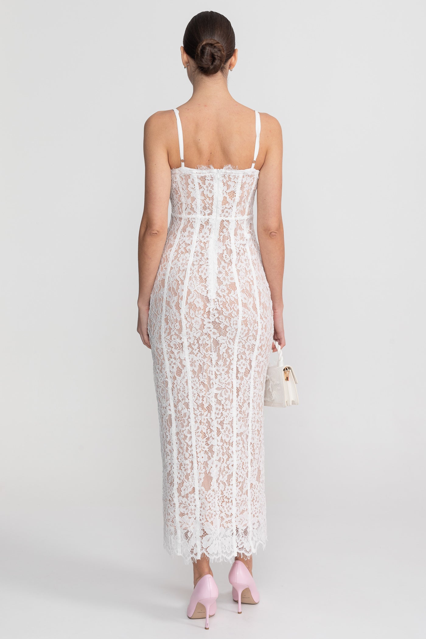 Lace Midi Dress With Sheer Corset Bodice - White - ICYBOO