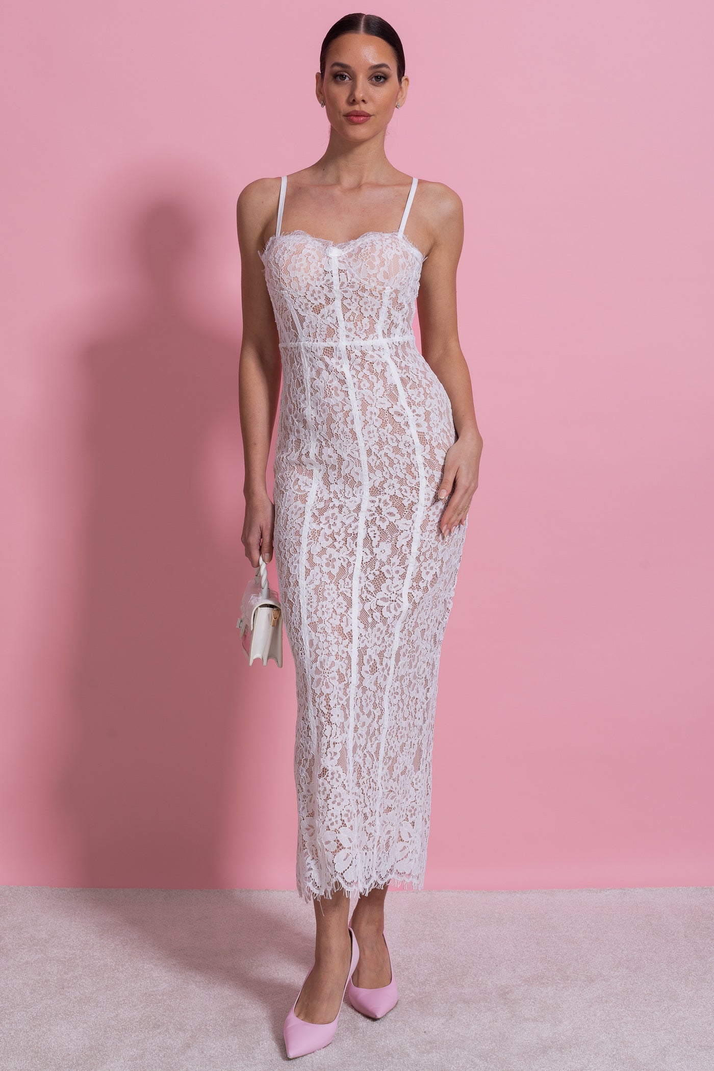 Lace Midi Dress With Sheer Corset Bodice - White - ICYBOO