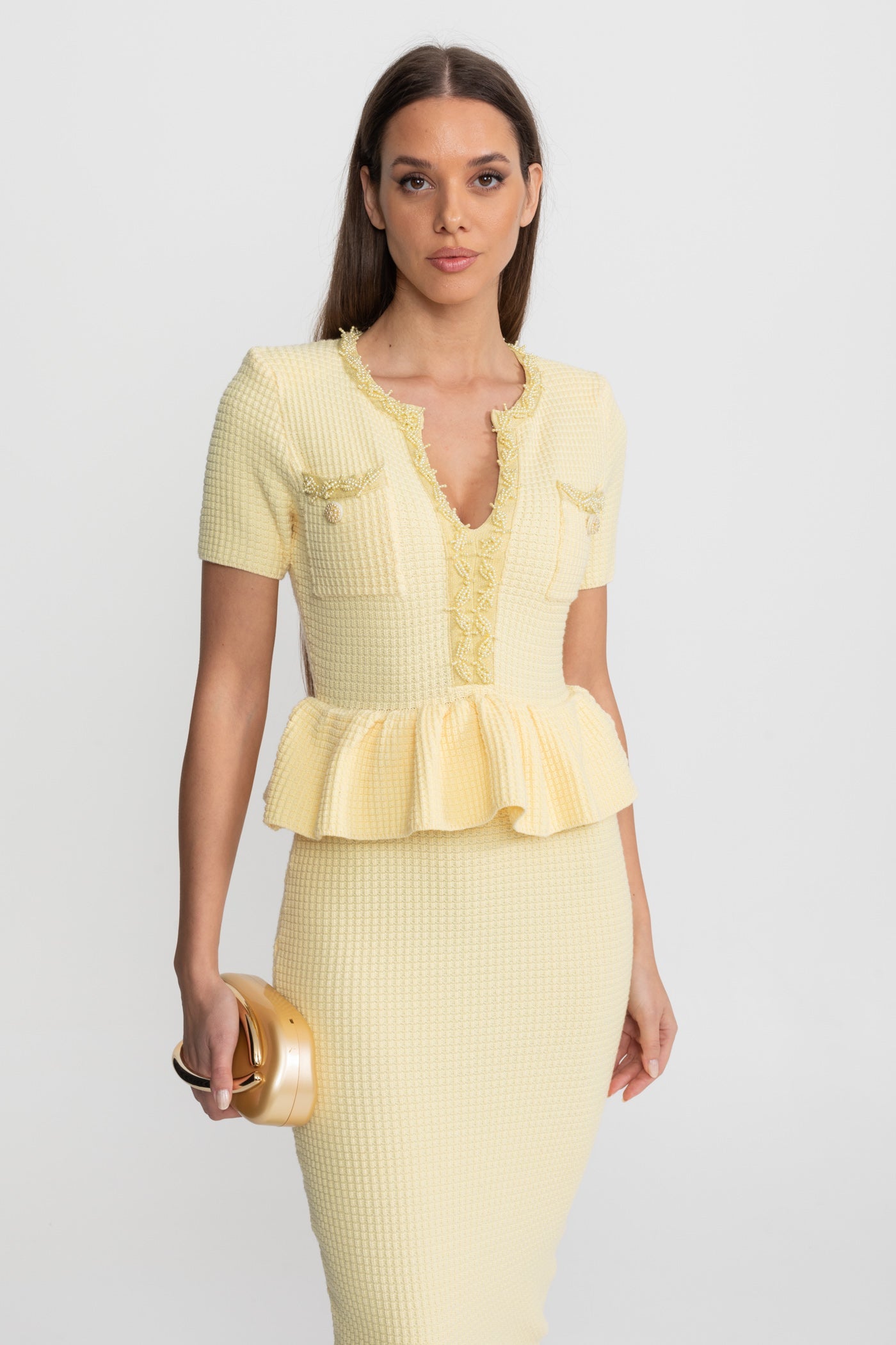 Textured Knit Midi Dress with Peplum Waist Detail – Yellow - ICYBOO