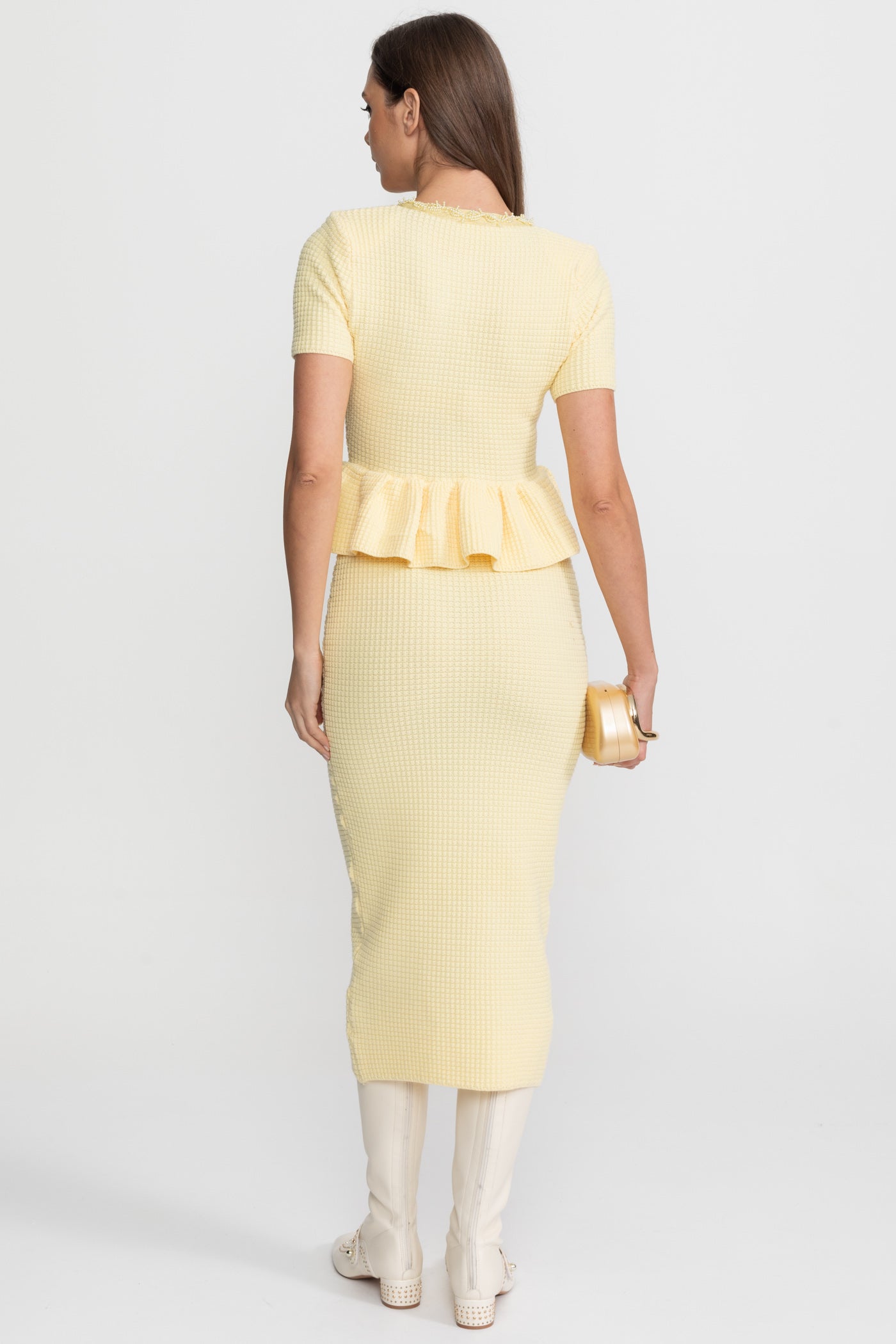 Textured Knit Midi Dress with Peplum Waist Detail – Yellow - ICYBOO