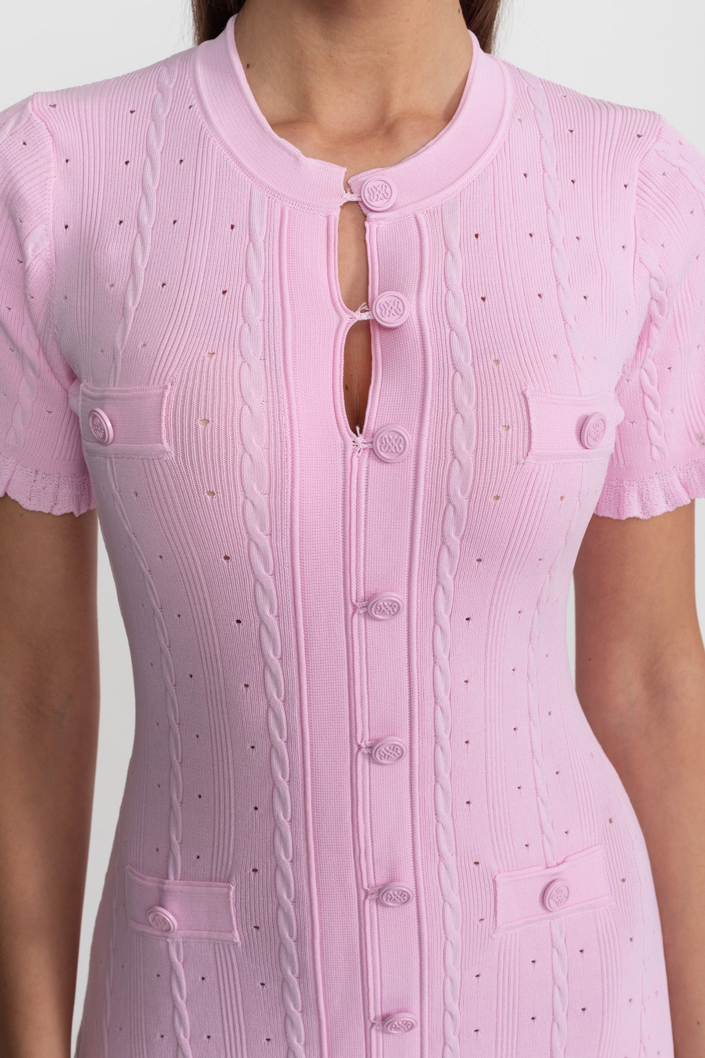 Knit Button-Front Midi Dress with Scalloped Sleeves – Pink - ICYBOO