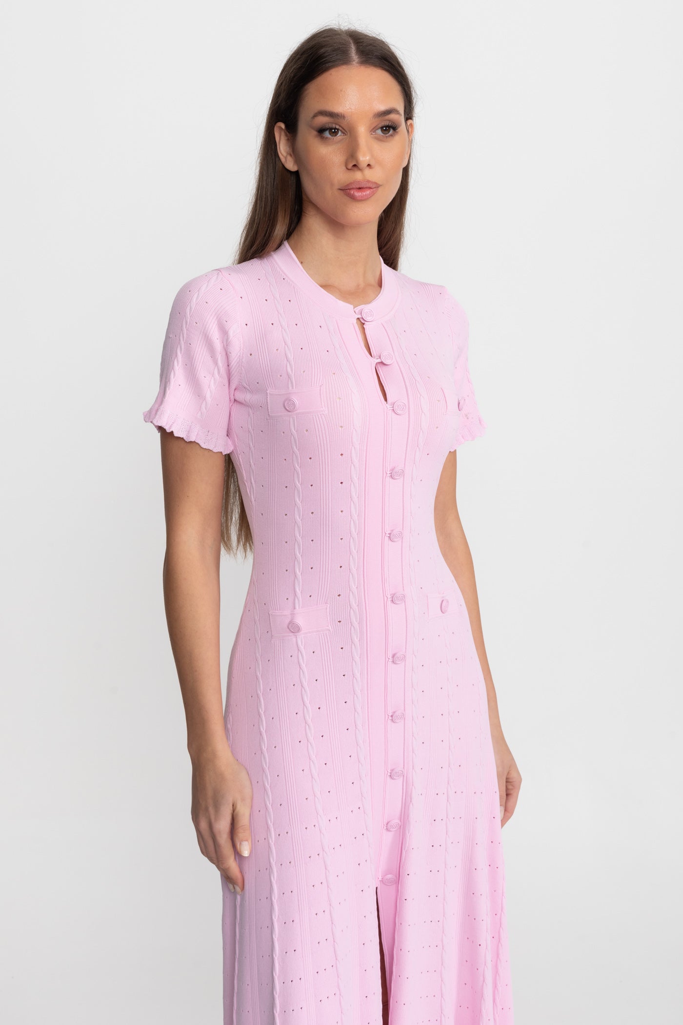 Knit Button-Front Midi Dress with Scalloped Sleeves – Pink - ICYBOO
