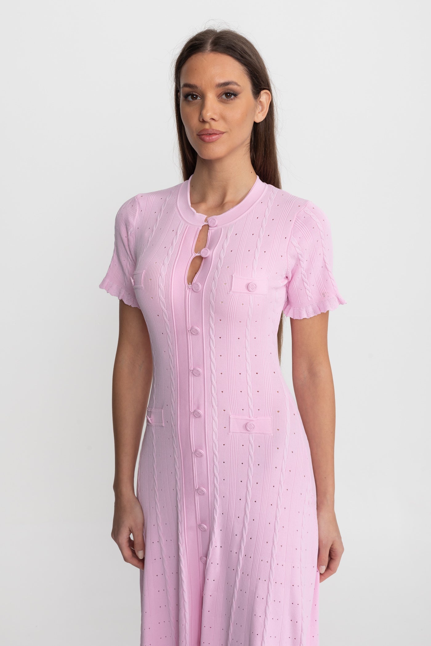 Knit Button-Front Midi Dress with Scalloped Sleeves – Pink - ICYBOO
