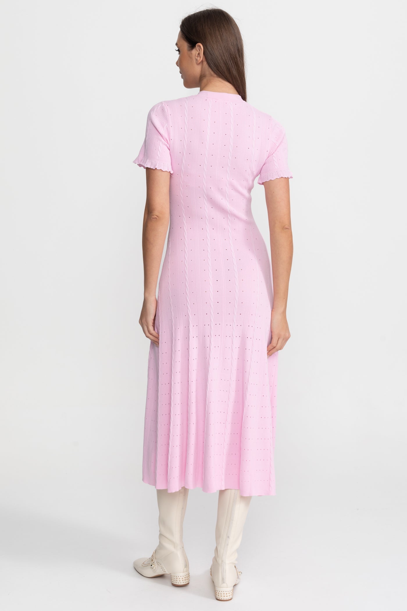 Knit Button-Front Midi Dress with Scalloped Sleeves – Pink - ICYBOO