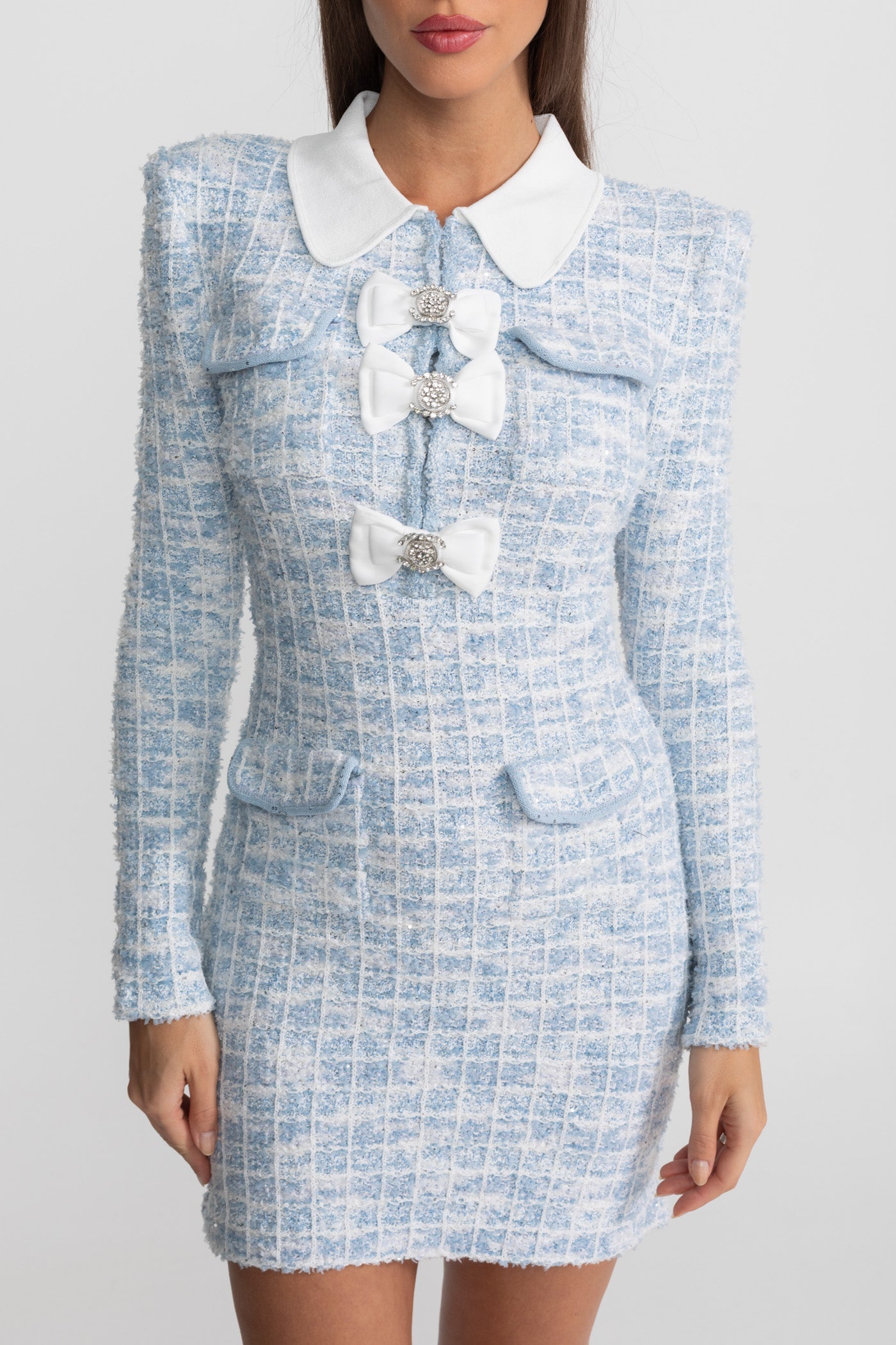Tweed Mini Dress with Contrast Collar and Bow Embellishments - Light Blue - ICYBOO