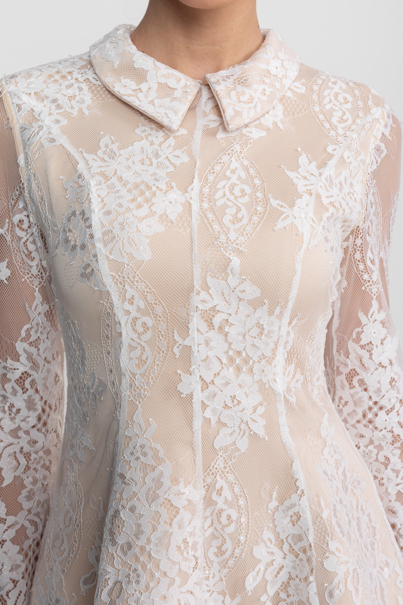 Long Sleeve Lace Mini Dress With Collared Neckline With Sheer Overlay - Ivoire - ICYBOO