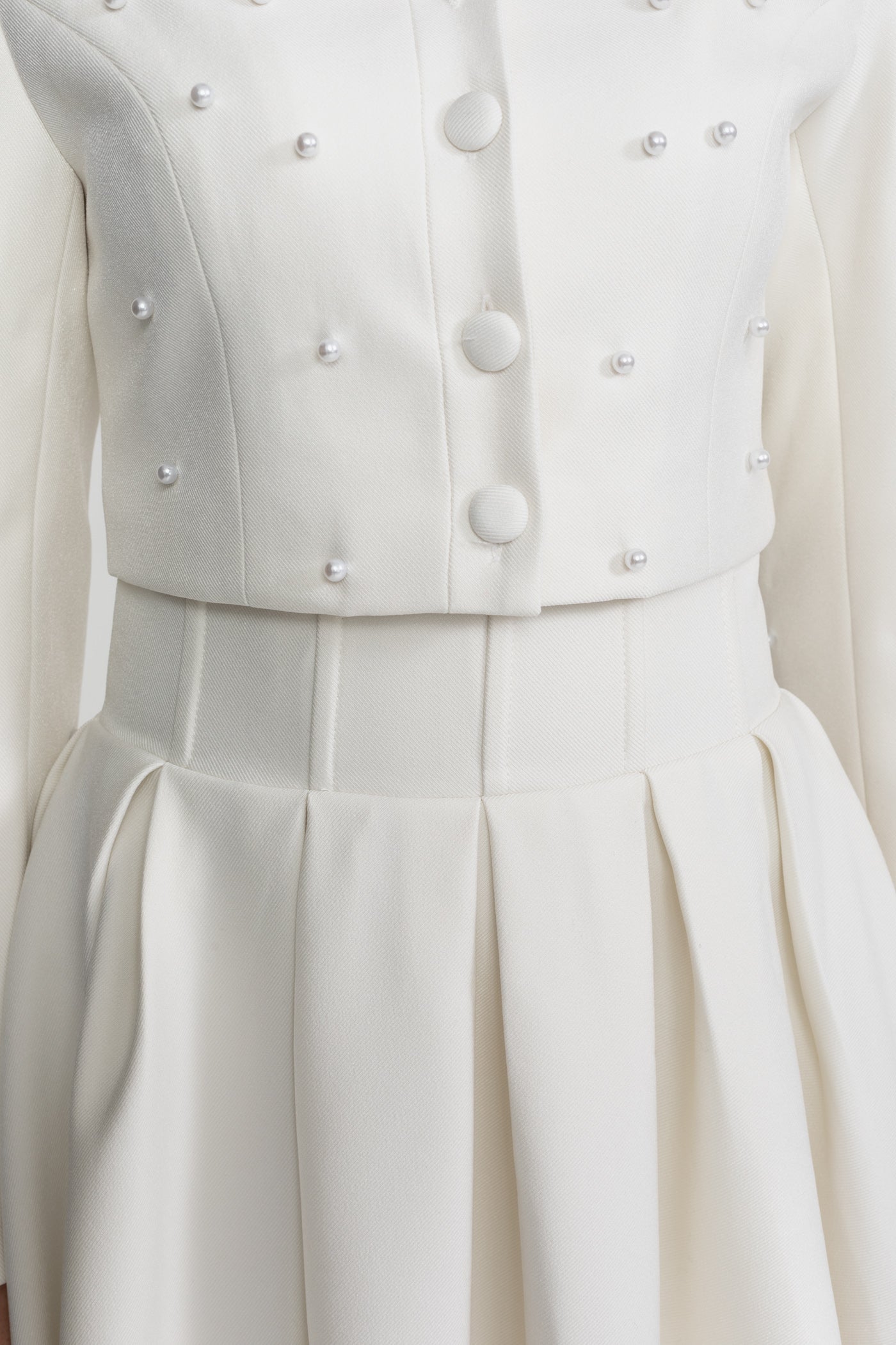 Pearl-Embellished Co-Ord Set with Cropped Jacket and Full Skirt – White - ICYBOO