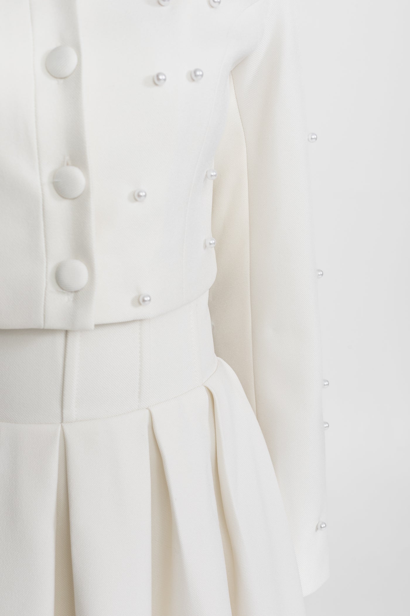 Pearl-Embellished Co-Ord Set with Cropped Jacket and Full Skirt – White - ICYBOO