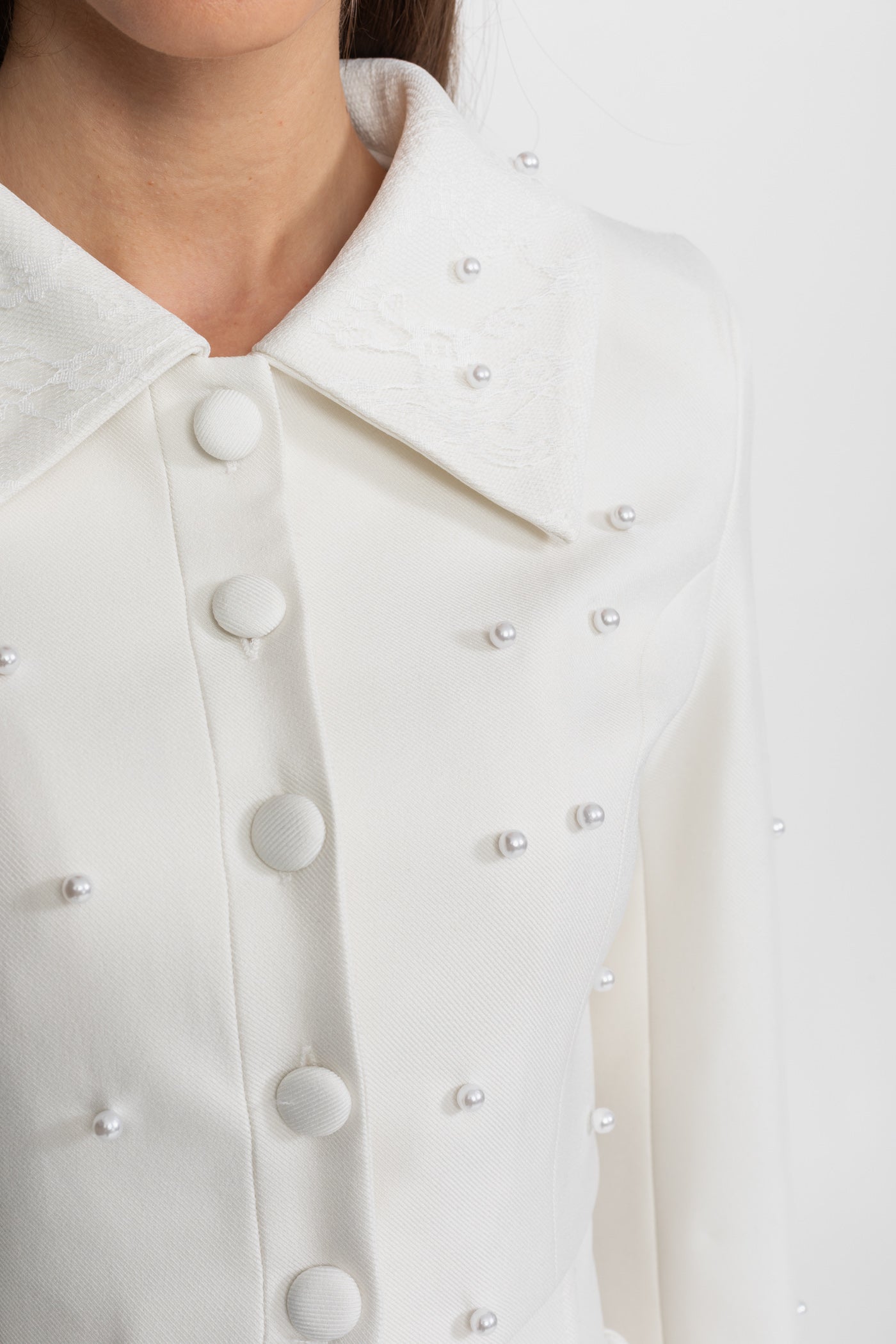 Pearl-Embellished Co-Ord Set with Cropped Jacket and Full Skirt – White - ICYBOO