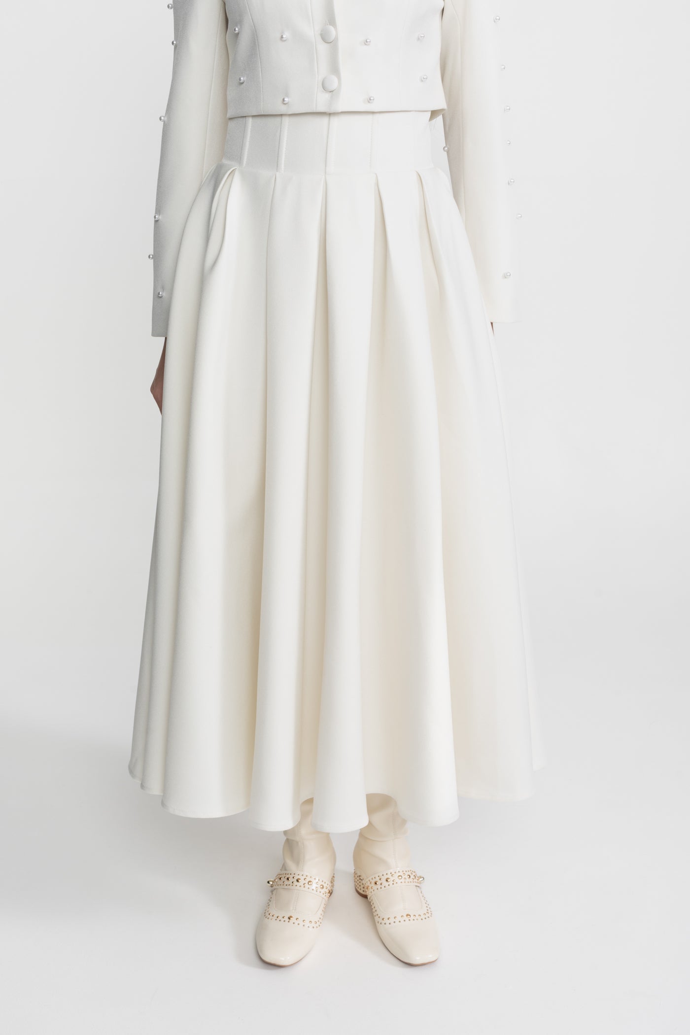 Pearl-Embellished Co-Ord Set with Cropped Jacket and Full Skirt – White - ICYBOO