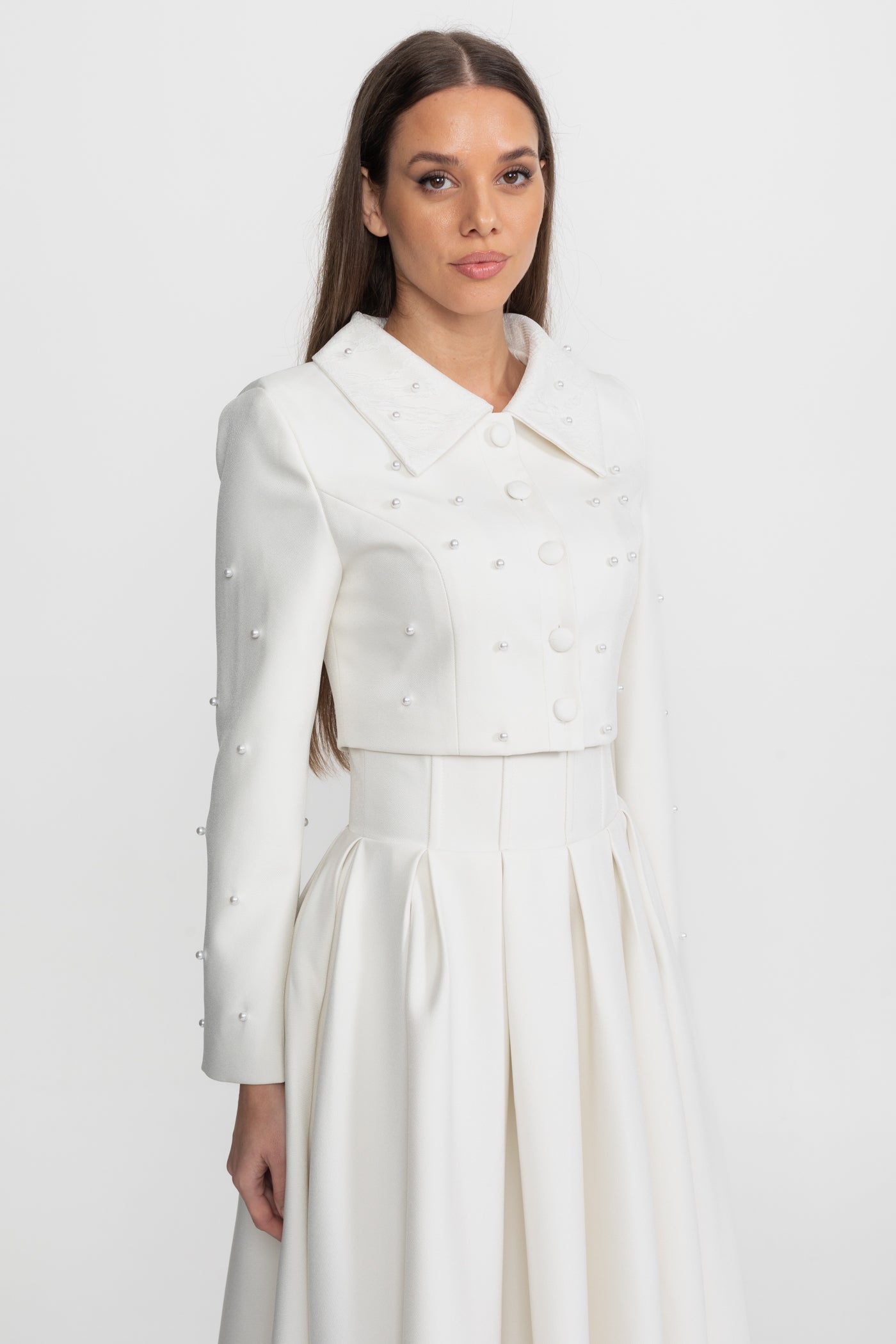 Pearl-Embellished Co-Ord Set with Cropped Jacket and Full Skirt – White - ICYBOO