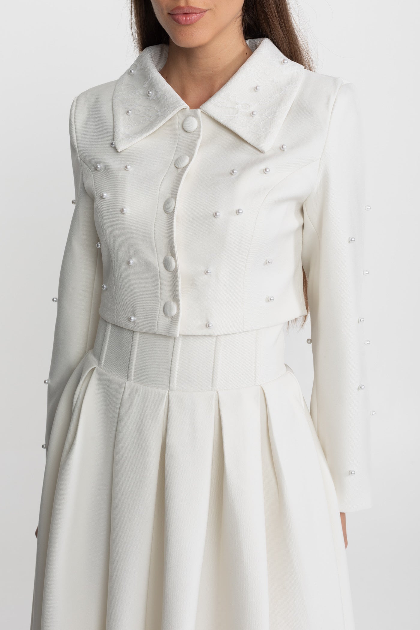 Pearl-Embellished Co-Ord Set with Cropped Jacket and Full Skirt – White - ICYBOO