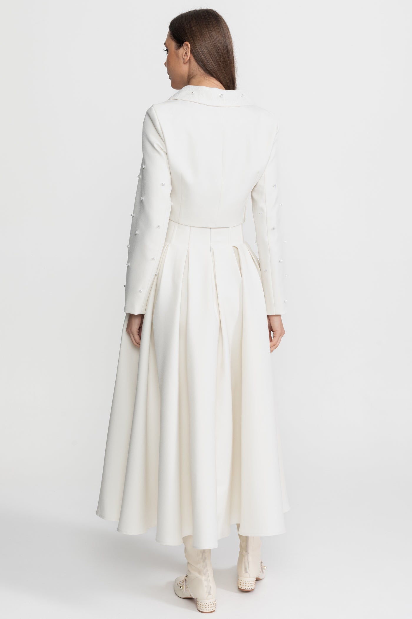 Pearl-Embellished Co-Ord Set with Cropped Jacket and Full Skirt – White - ICYBOO