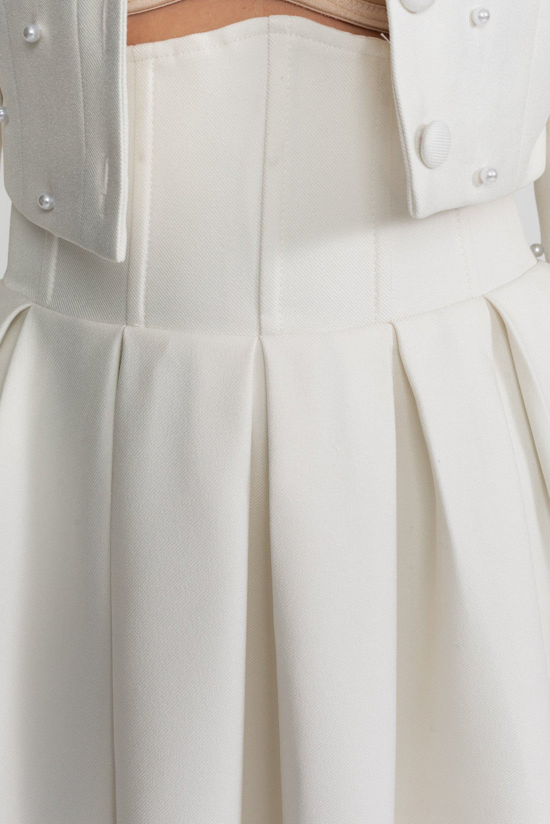 Pearl-Embellished Co-Ord Set with Cropped Jacket and Full Skirt – White - ICYBOO