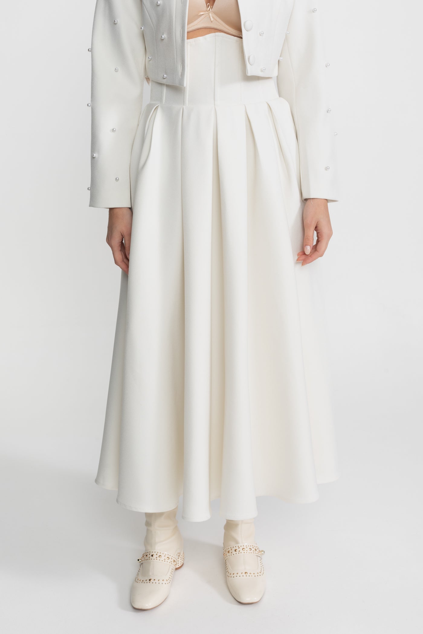Pearl-Embellished Co-Ord Set with Cropped Jacket and Full Skirt – White - ICYBOO