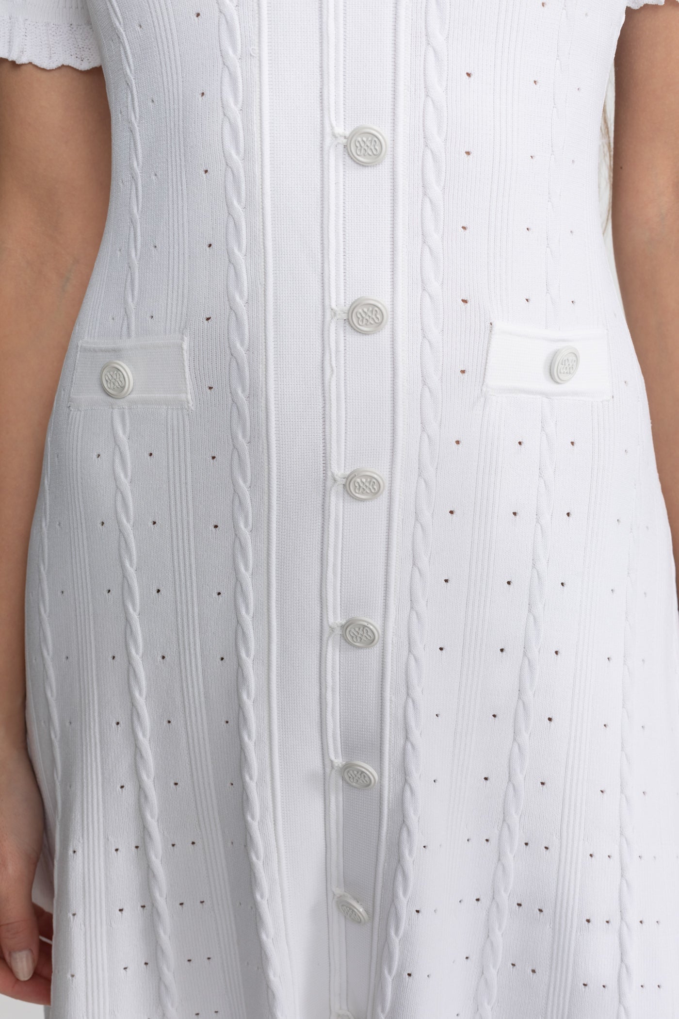 Knit Button-Front Midi Dress with Scalloped Sleeves – White - ICYBOO