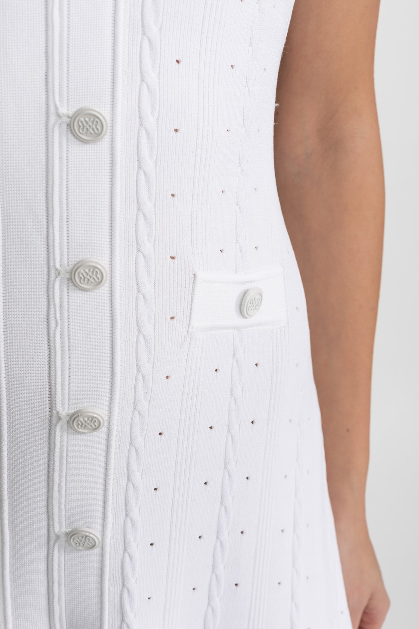 Knit Button-Front Midi Dress with Scalloped Sleeves – White - ICYBOO