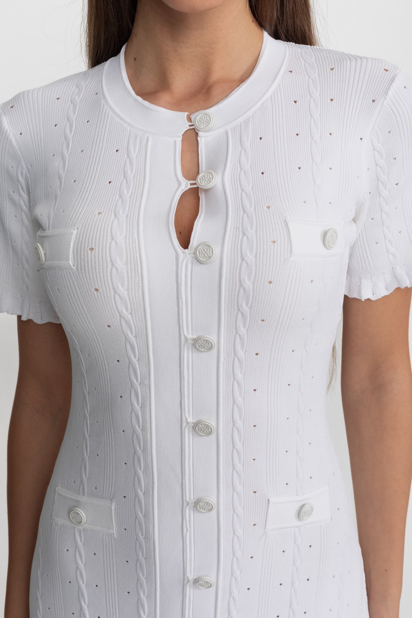 Knit Button-Front Midi Dress with Scalloped Sleeves – White - ICYBOO