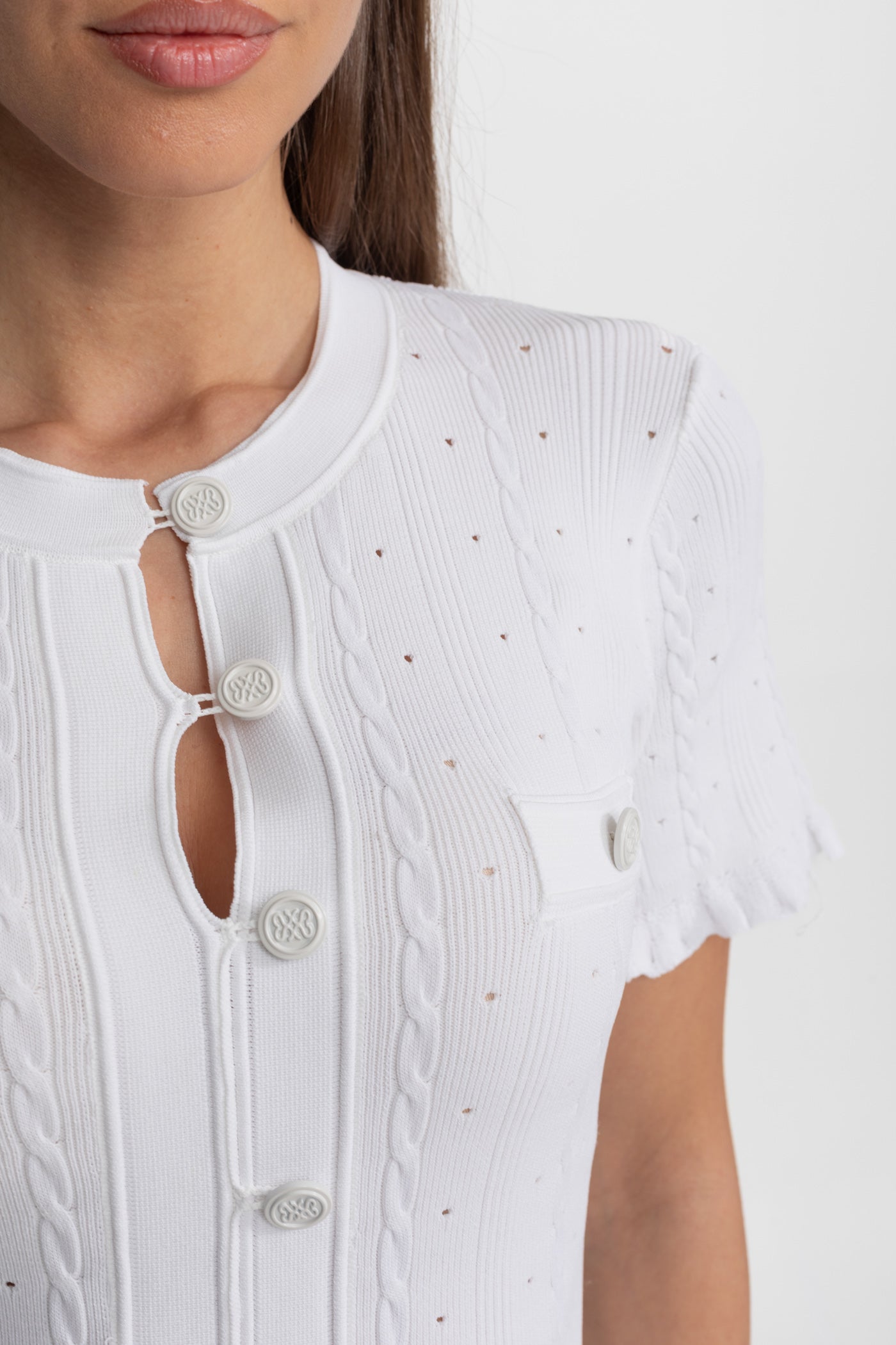 Knit Button-Front Midi Dress with Scalloped Sleeves – White - ICYBOO