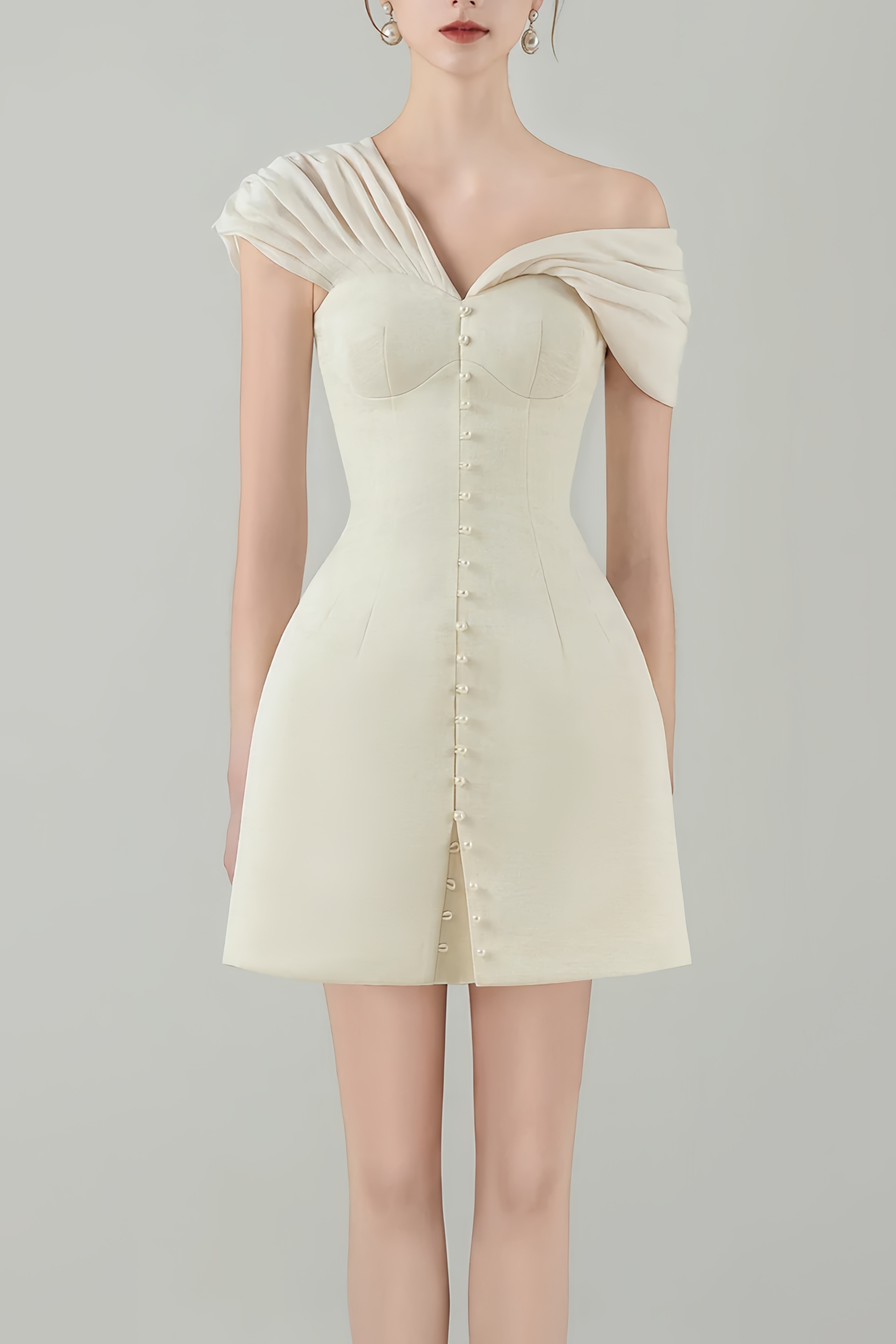 Josiane Cream White Plunge Neck Ruched Mini Dress